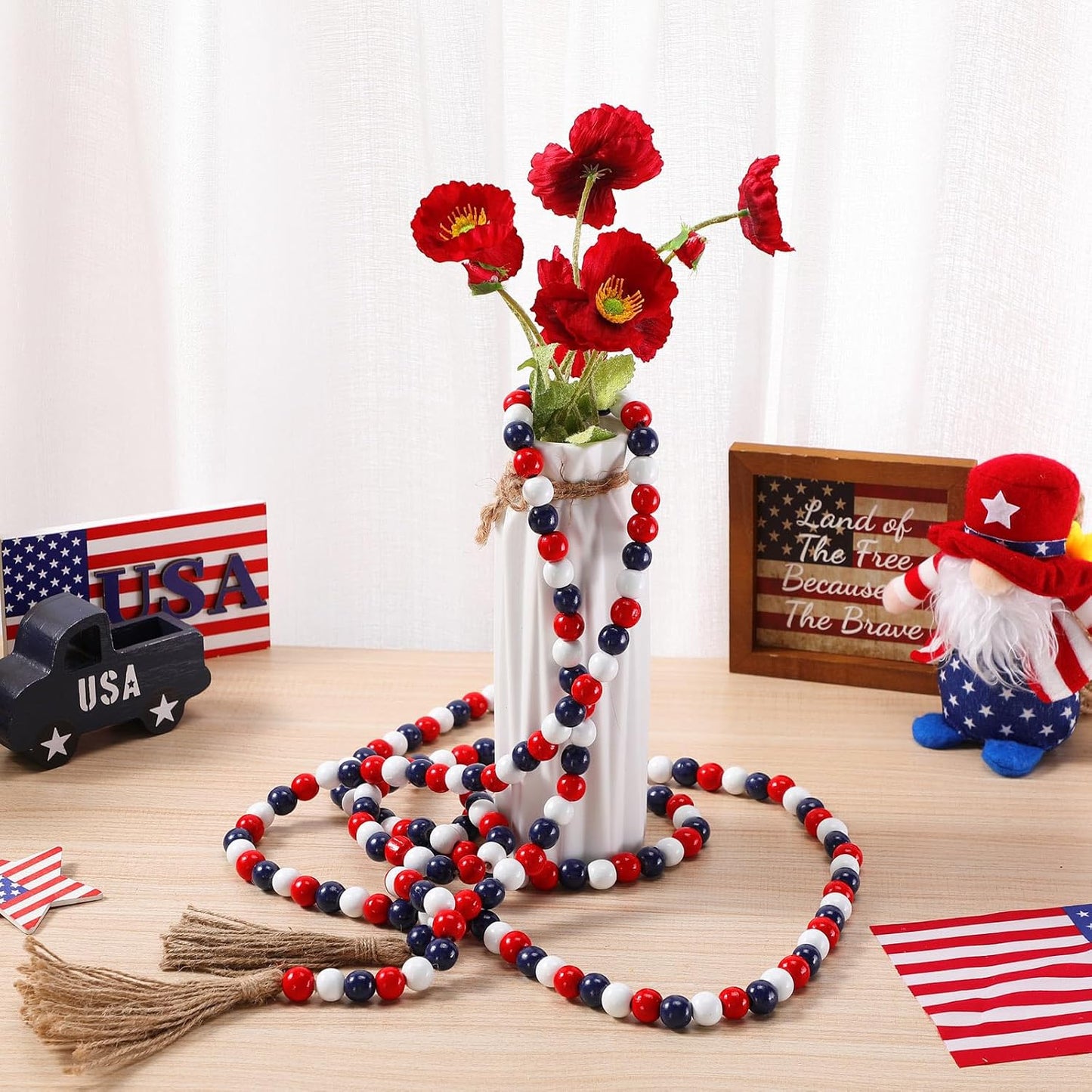 Wooden Bead Garland / Red, White, Blue