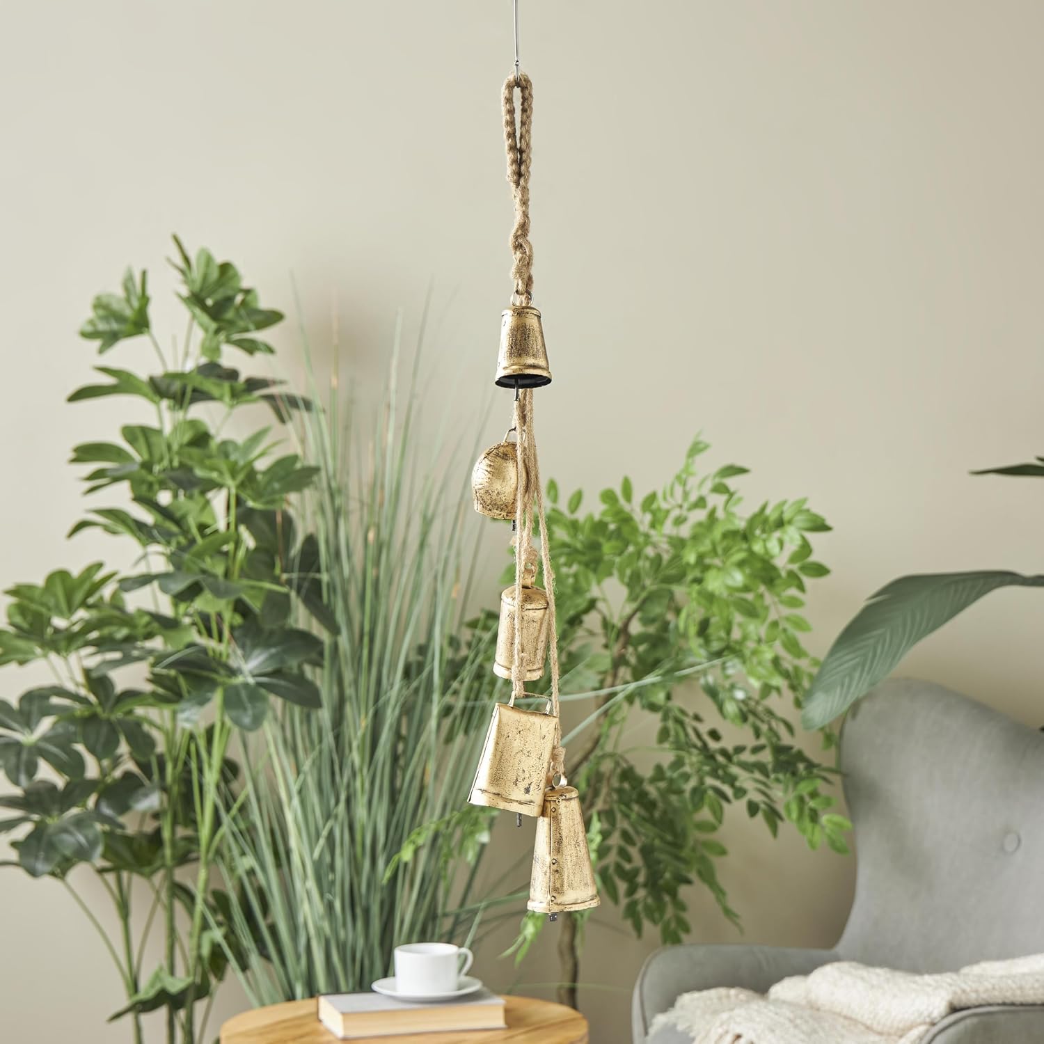 Deco 79 Golden Bell Cluster | Indoor Tibetan Inspired Cascading Meditation Bell With 5 Bells On Jute Hanging Rope