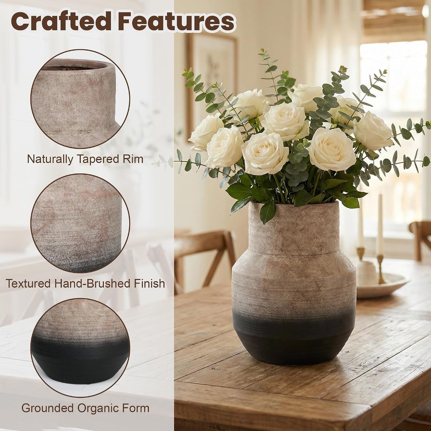 Large Rustic Ceramic vase Farmhouse Vintage Pottery / 11.01inch / Brown