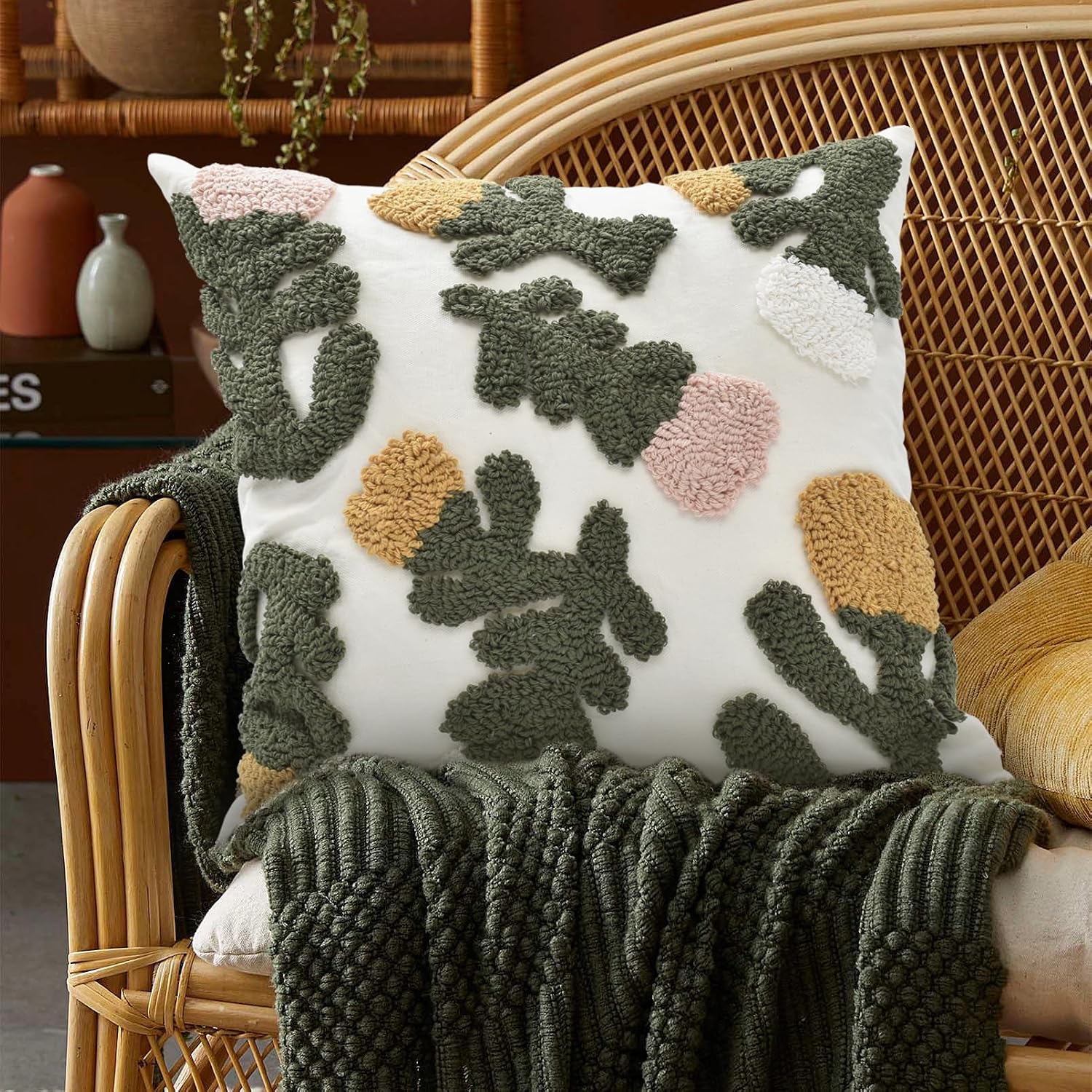 Boho Pillow Covers Boho Tufted Throw Pillow Covers Decorative Tassels / Boho Floral Pink / 18 x 18