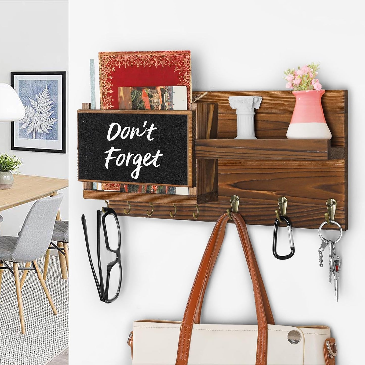Easy Install Natural Wooden Key and Mail Holder / Brown