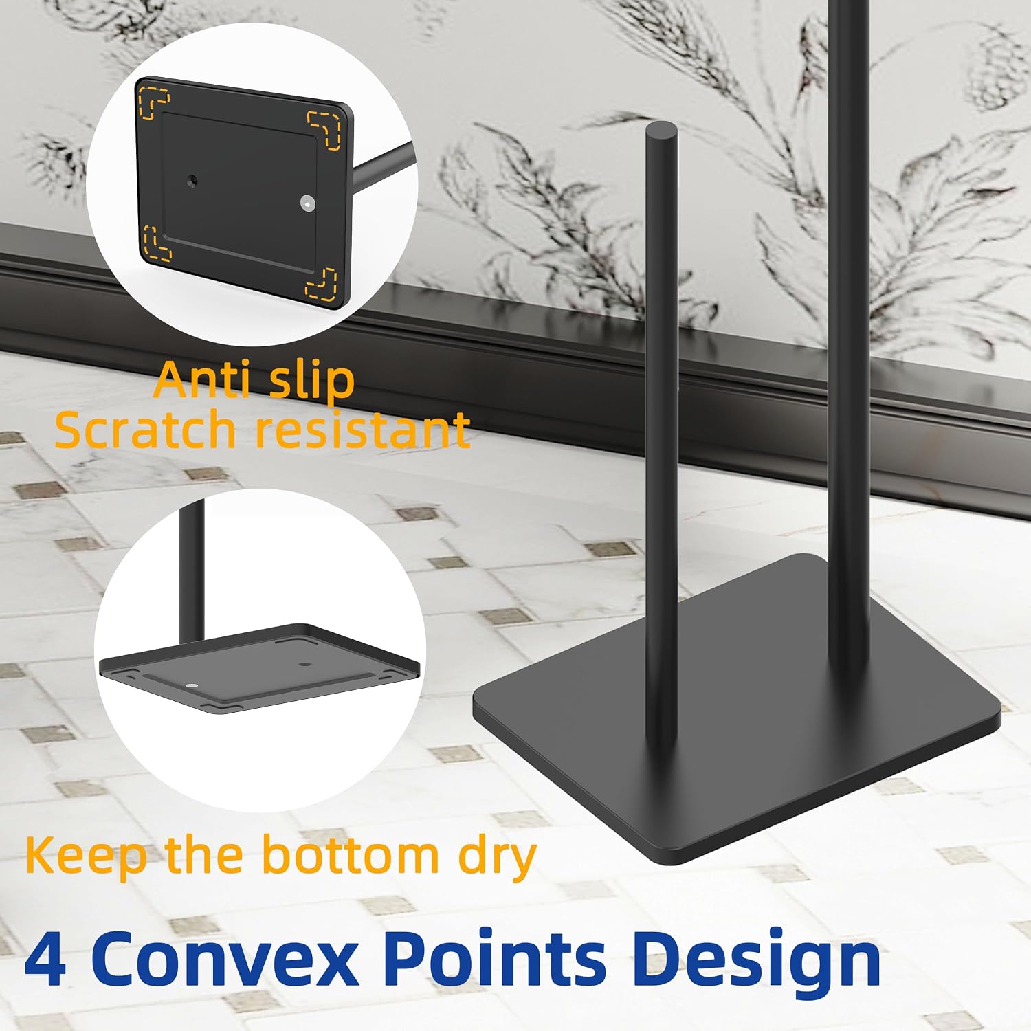 RUACQ Bathroom Toilet Paper Holder Stand with Storage, Matte Black | Pivoting Free Standing Toilet Roll Holder, Holds 4
