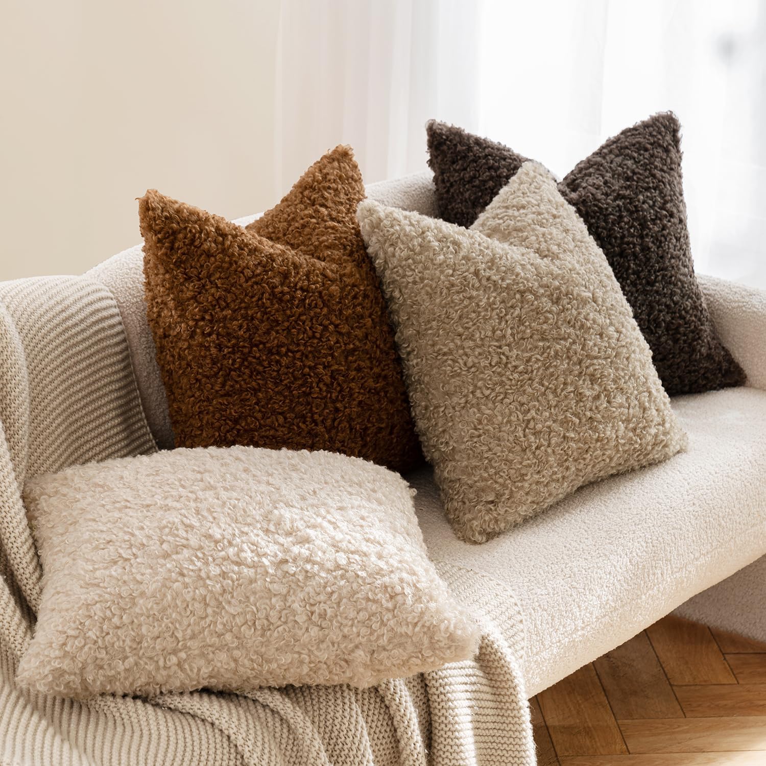 Faux Fur Throw Pillow Covers Boucle Decorative Sherpa Pillow Covers / 18 x 18 / Bronze / Set of 2