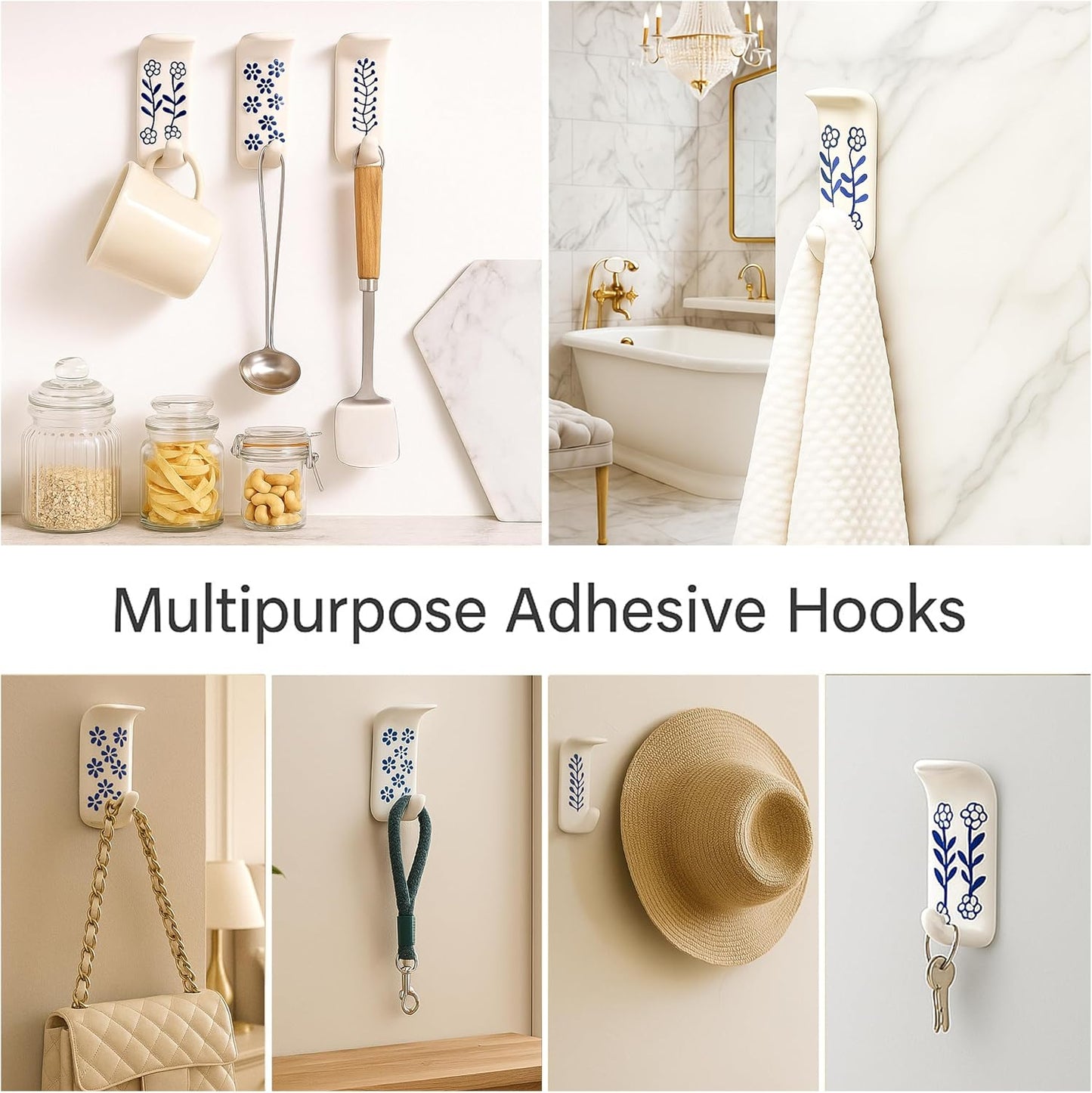 Boho Ceramic Adhesive Wall Hooks / White & Blue Style 4