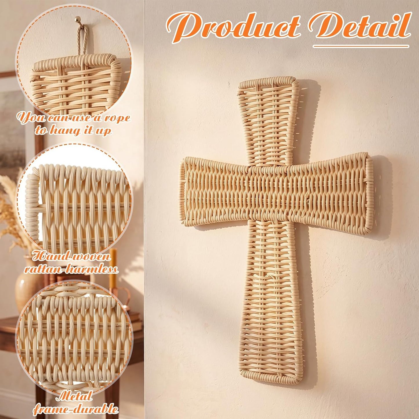 Boho Wicker Wall Decor Handmade Rattan Bohemian Hanging Ornament Rustic / Cross / Natural / 12 Inch
