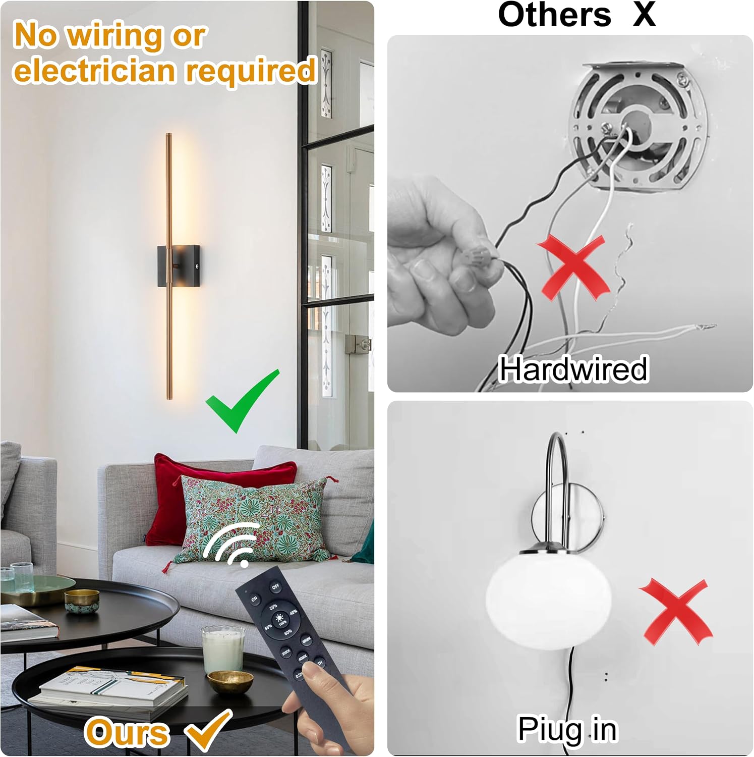15800 mAh Battery Operated Wall Sconces with Remote Control, Dimmable Wall Sconces Set of Two 3000K LED Matte Black and