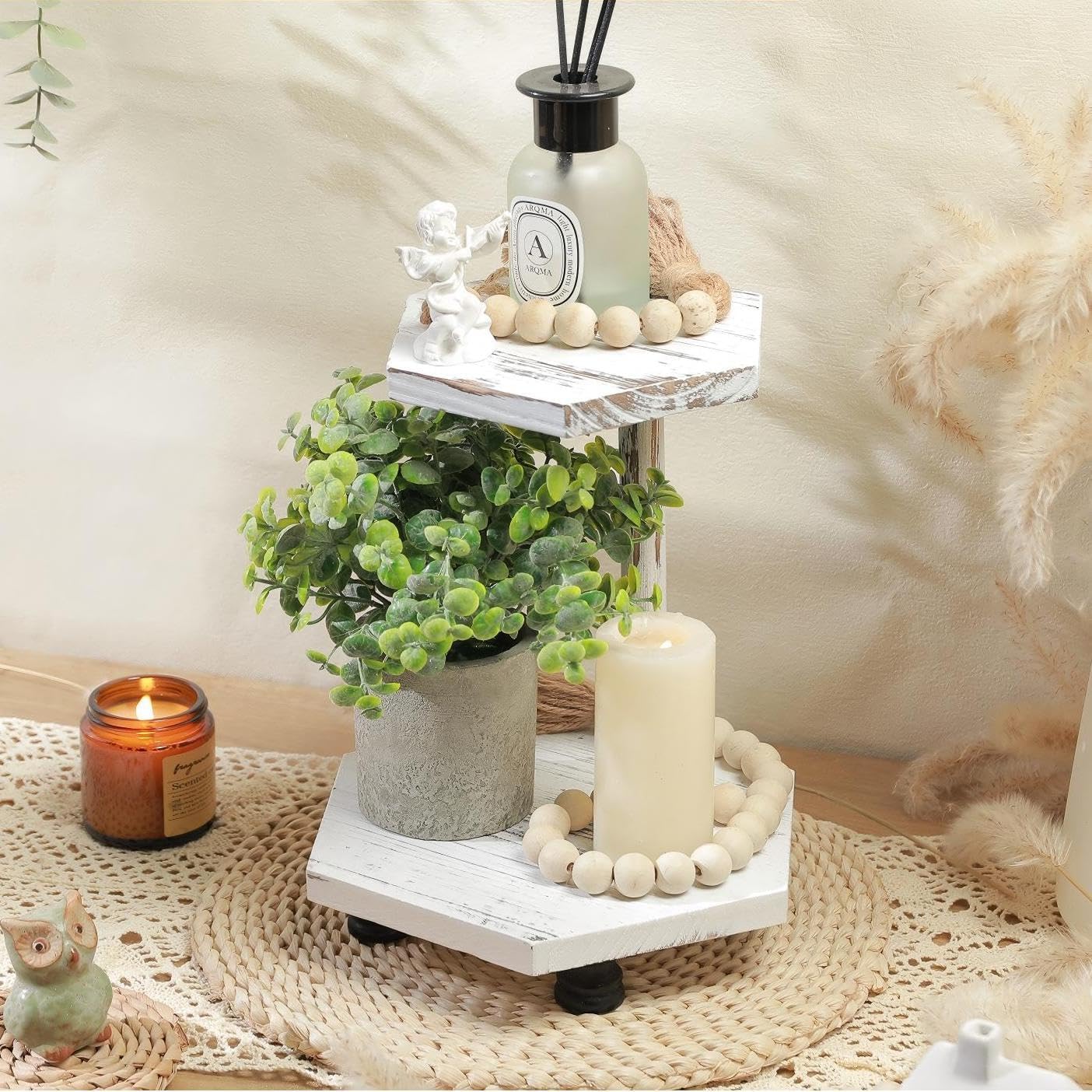 Decorative Tray / 2-Tier Wood Farmhouse Riser / Hexagonal-white-2tier