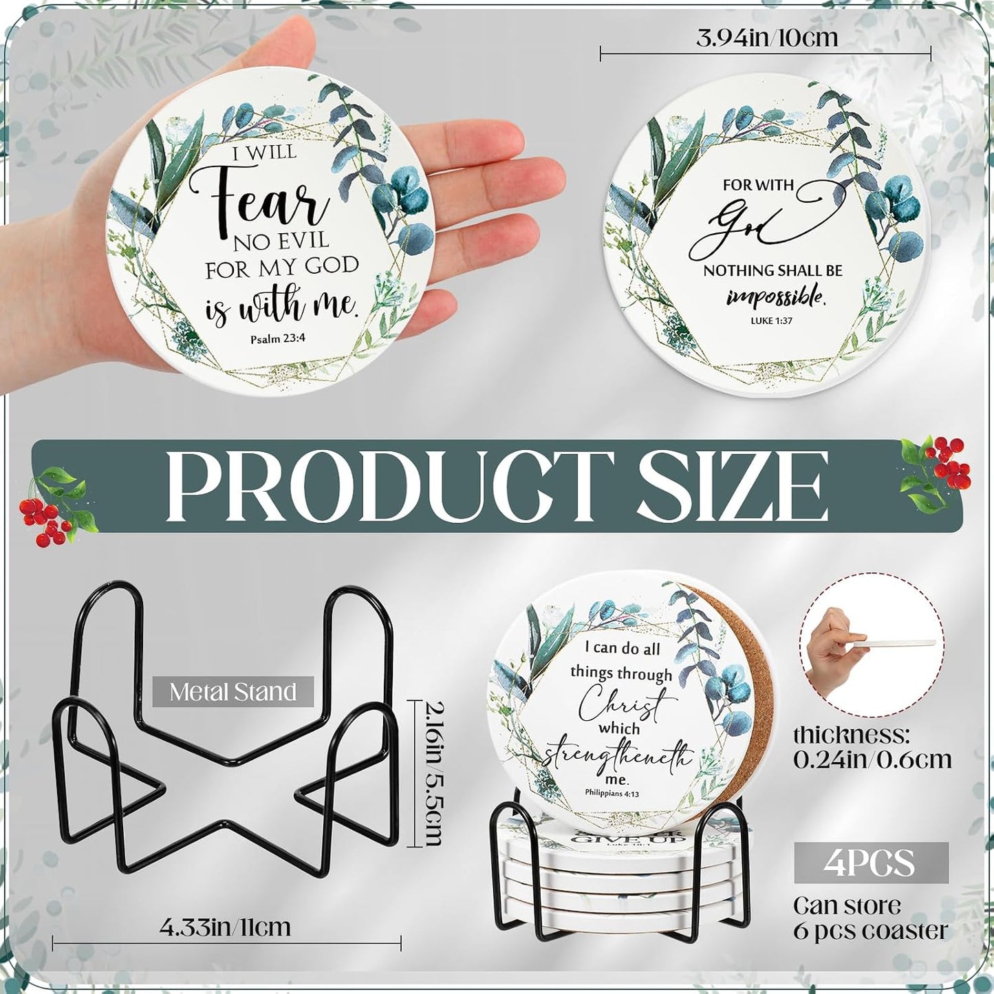 Christian Coasters Bulk for Church Religious Bible Verse Ceramic Cork / Leaf Style / Set of 12