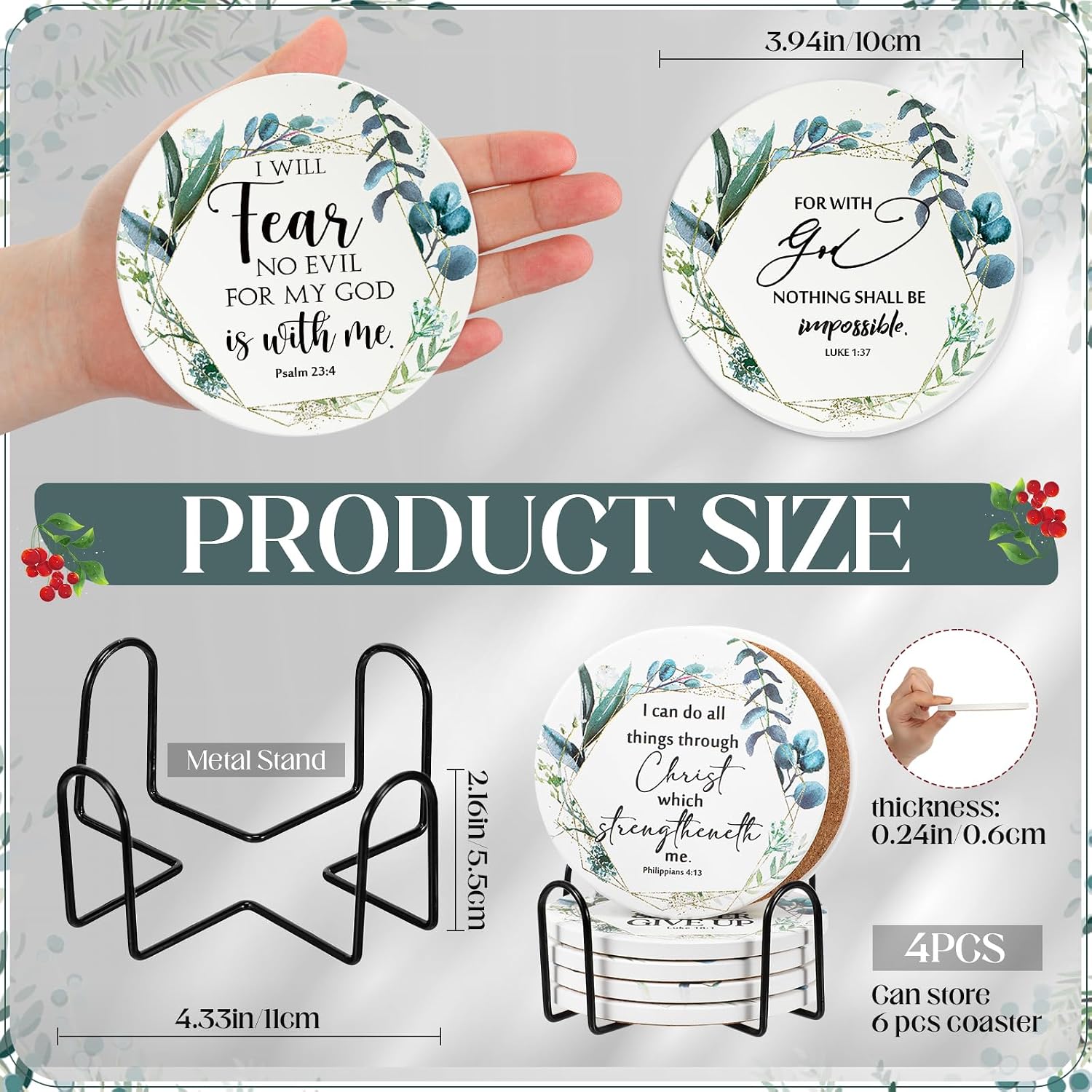 Christian Coasters Bulk for Church Religious Bible Verse Ceramic Cork / Leaf Style / Set of 12