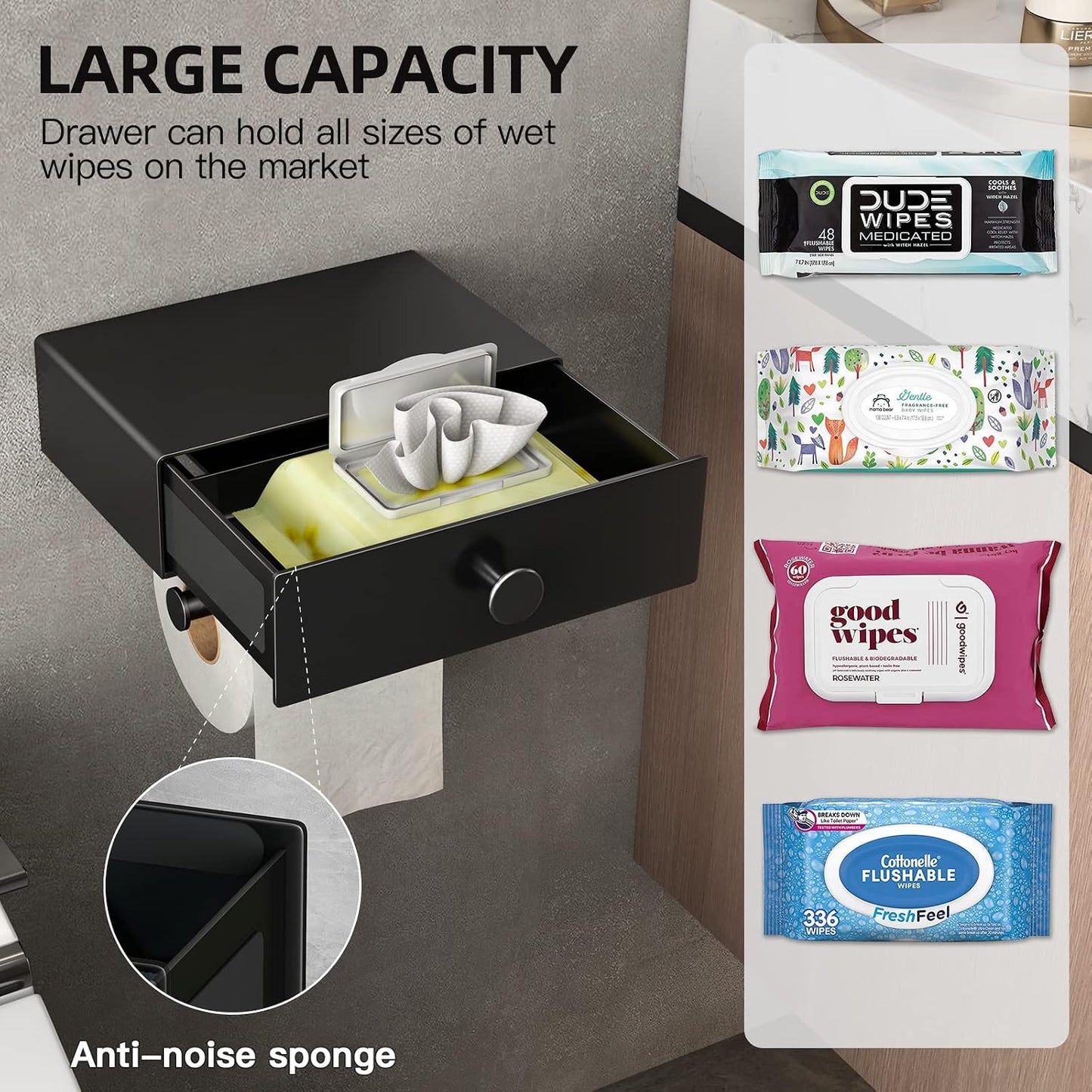 VOLDRA Toilet Paper Holder with Shelf Black Wipes Dispenser for Bathroom Toilet Paper Holder with Storage Upgrade