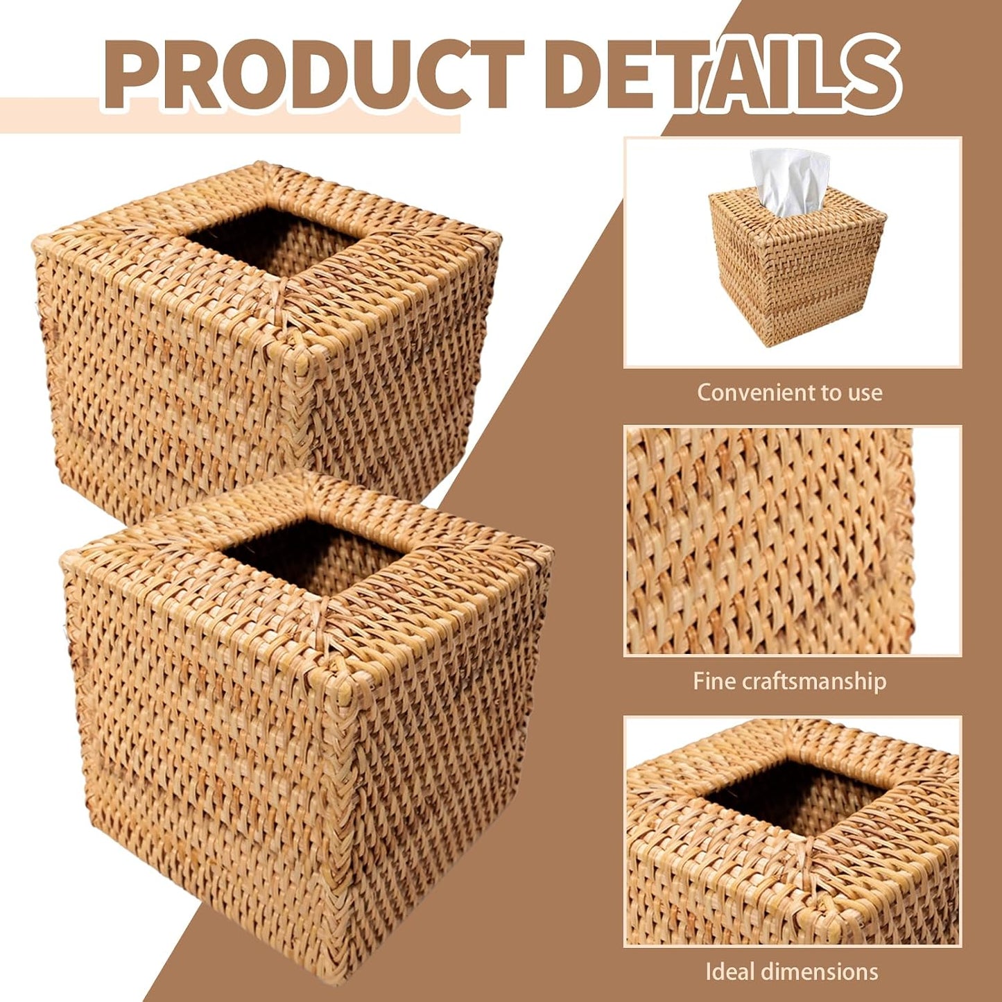 Square Rattan Tissue Box Cover Decorative Hand Wicker Woven Tissue Box Holder / Natural / Set of 3