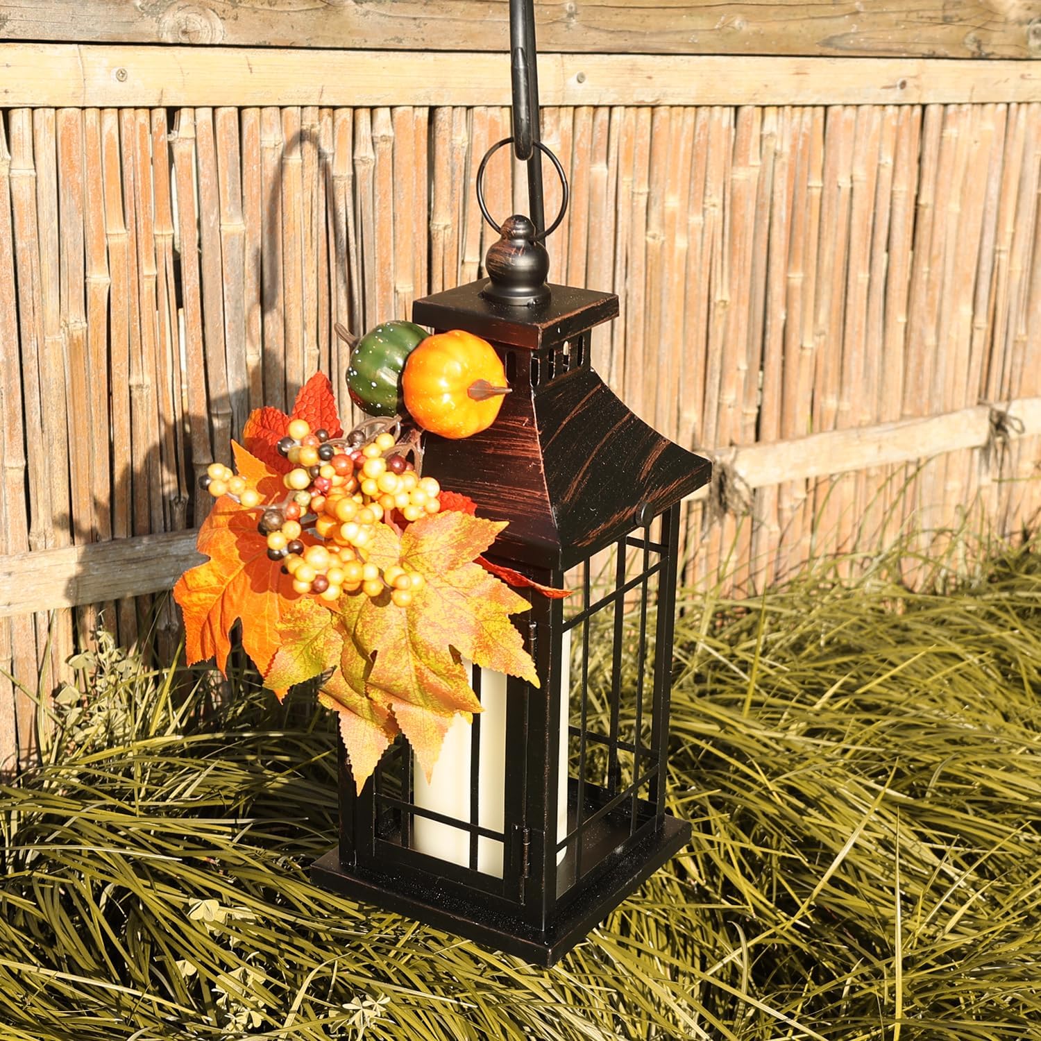 Set of 2 Fall LED Candle Lantern Decorative Indoor & Outdoor, 11" Fall Hanging Lanterns with LED Candles, Metal Outdoor