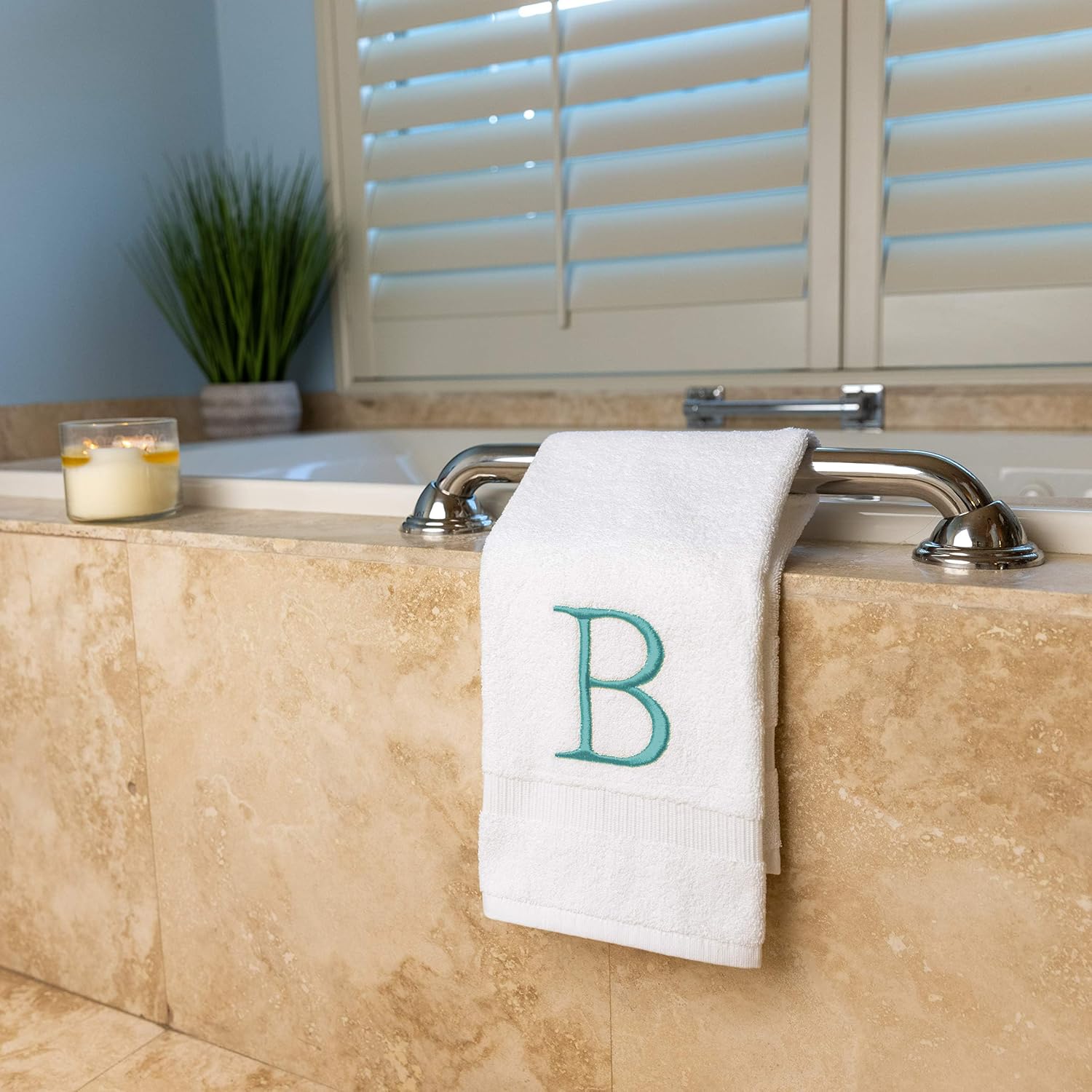 White with Teal Monogrammed Hand Towels for Bathroom - Set of 2 Letter B | Luxury Hotel Quality Initial Towels For
