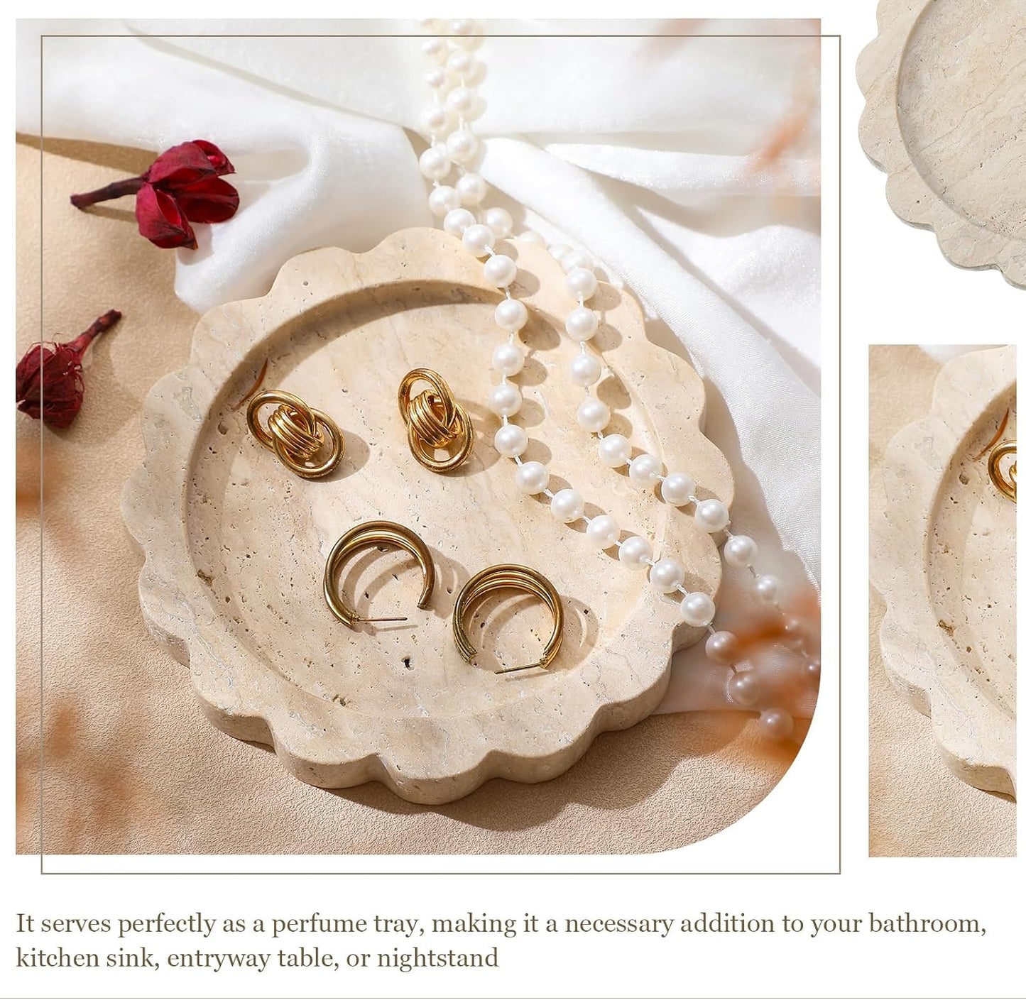 Small Travertine Stone Tray Marble Jewelry Dish Trinket Tray for Women / Round,scallop / 5.5 Inch