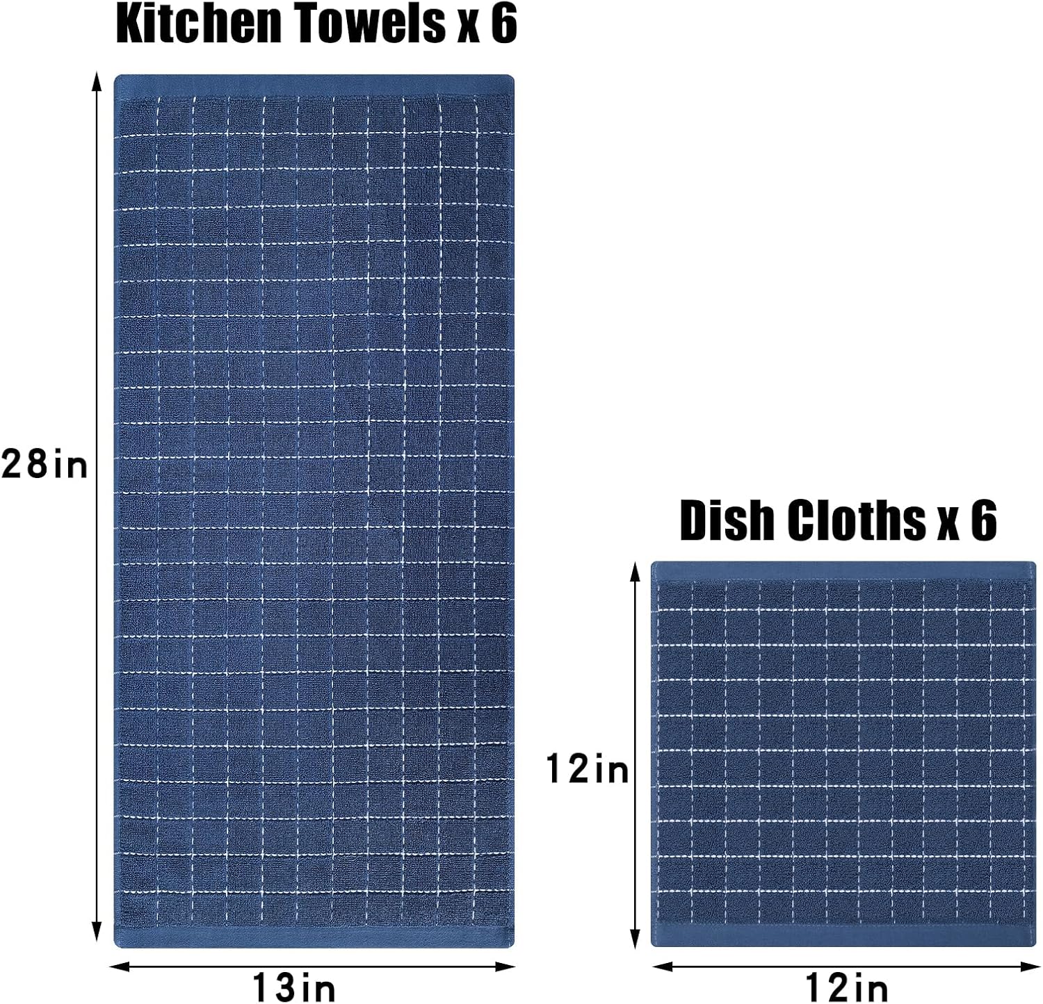 Homaxy Kitchen Towels and Dishcloths Set, Set of 12, Navy Blue | Bulk Cotton Terry Kitchen Towels, Checkered Designed