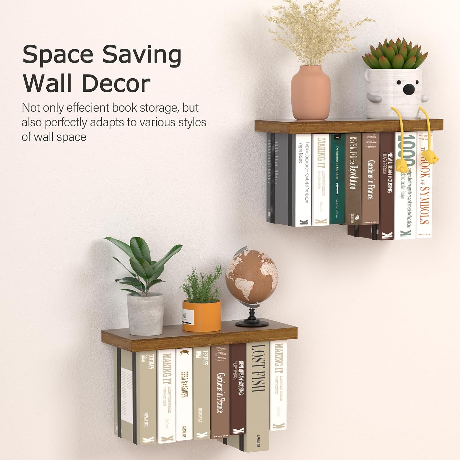 Floating Book Shelves for Wall Set of 2, Unique Wood Hanging Bookshelf | Easy Install Wall Bookshelf with Anti-Tilt