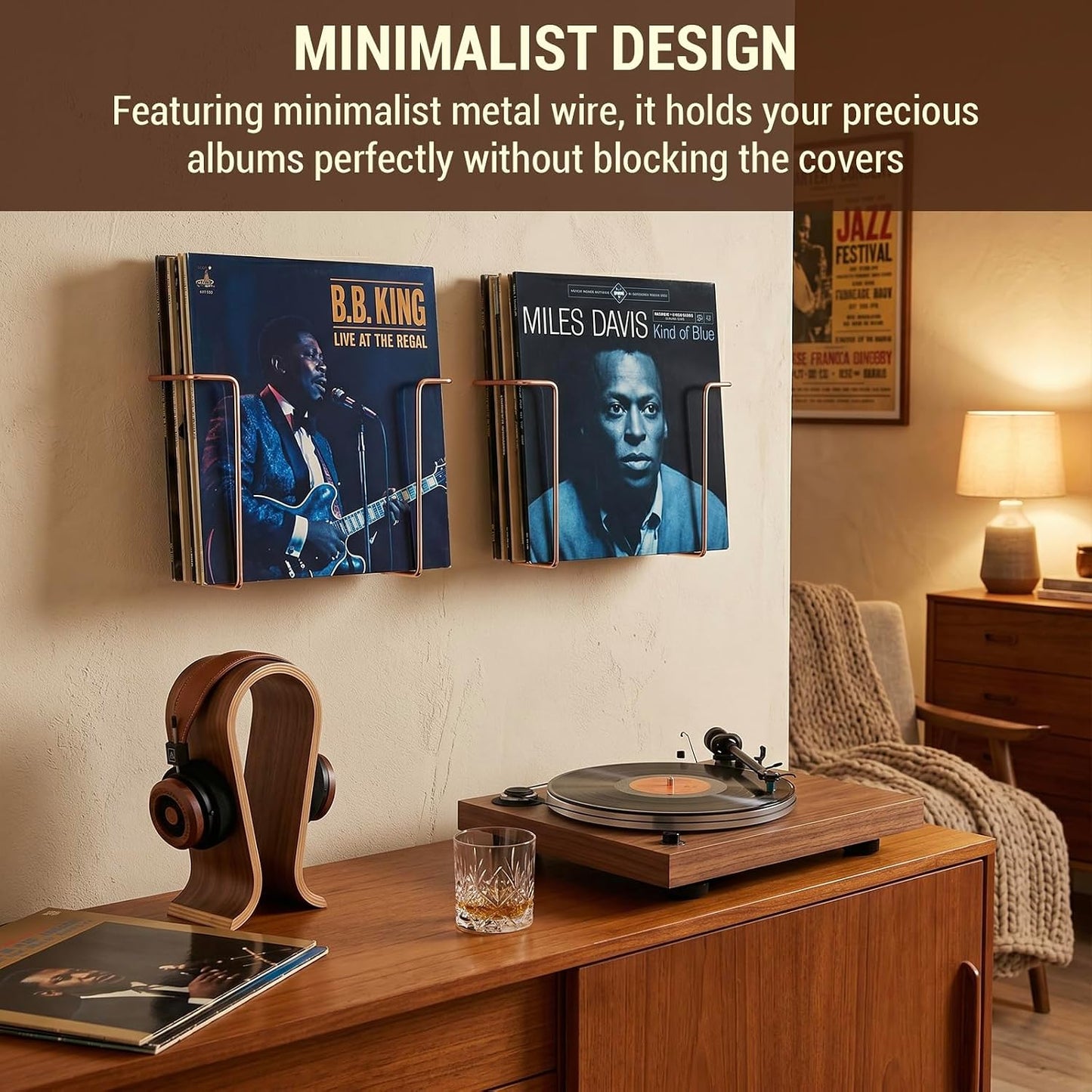 MyGift Copper Metal LP Record Wall Racks, Vinyl Album Display Set of 2 | Copper-tone wire racks display LP covers while