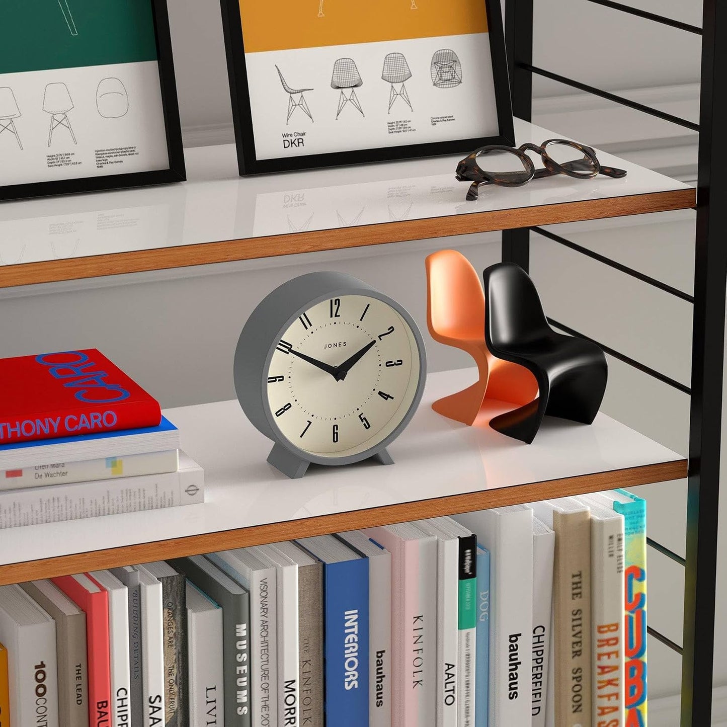 JONES CLOCKS® Venus Desk Clock | Modern Round Design | Gray | Stylish Retro Look for Shelf, Table, Mantel or Bedside