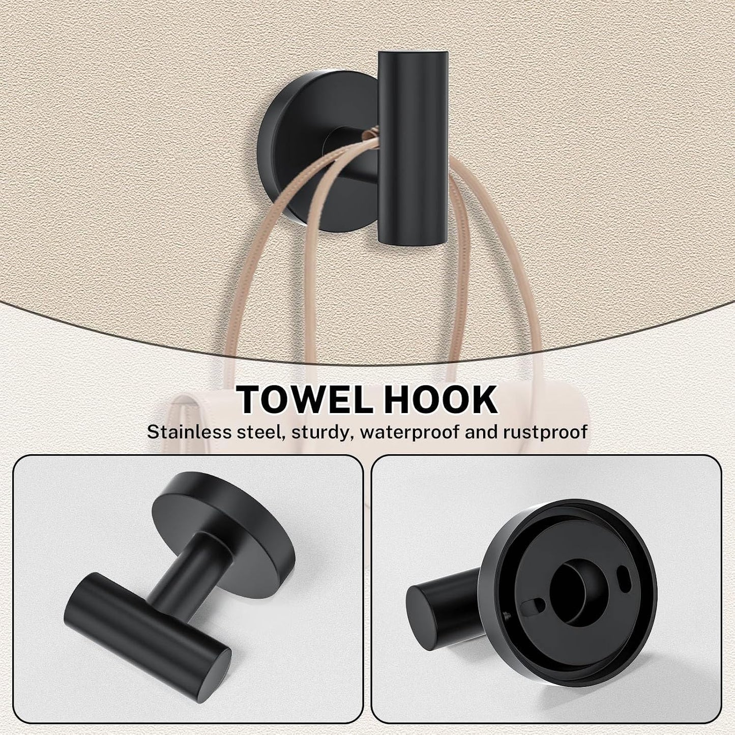 Matte Black Towel Bar Set 5-Piece Bathroom Hardware Accessories Set Includes 23.6in Towel Bar-Round Towel Ring-Toilet