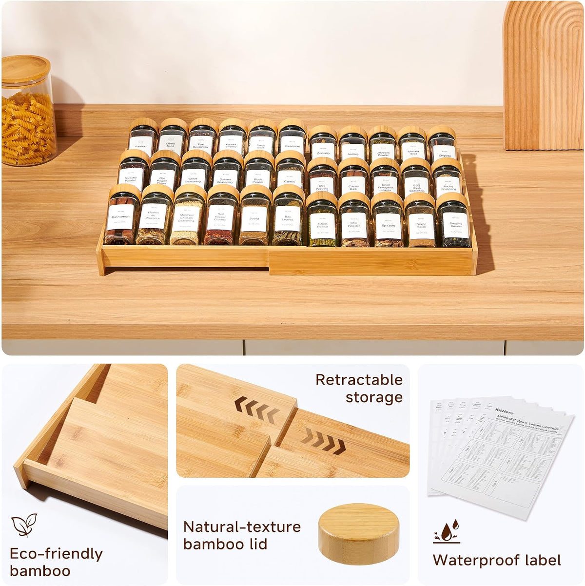 3-Tier Expandable Bamboo Spice Drawer Organizer, Adjustable Width 12" to 21", Kitchen Storage with 36 Glass Jars &