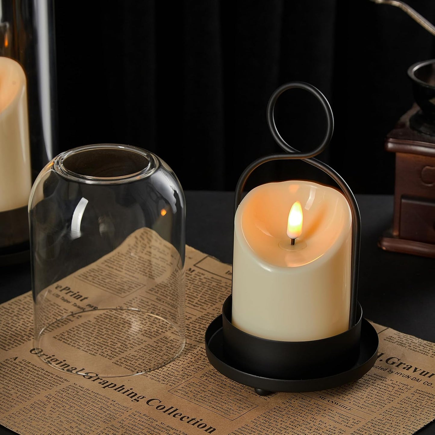 5"&4" Metal Candle Holder with Handmade Glass Dome in Brass & 2 Timer Candles, Set of 2 Versatile Hurricane Glass