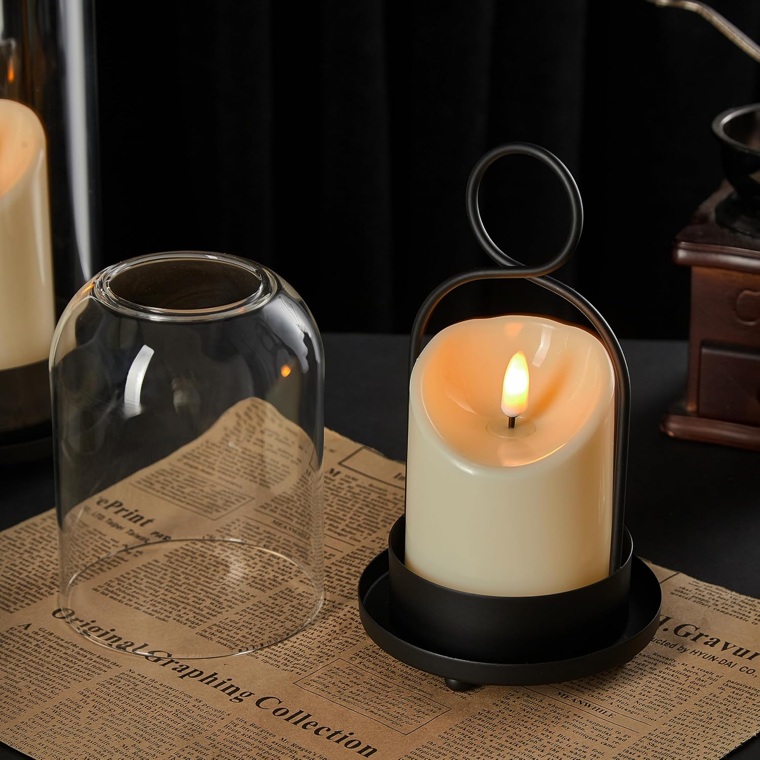 5"&4" Metal Candle Holder with Handmade Glass Dome in Brass & 2 Timer Candles, Set of 2 Versatile Hurricane Glass