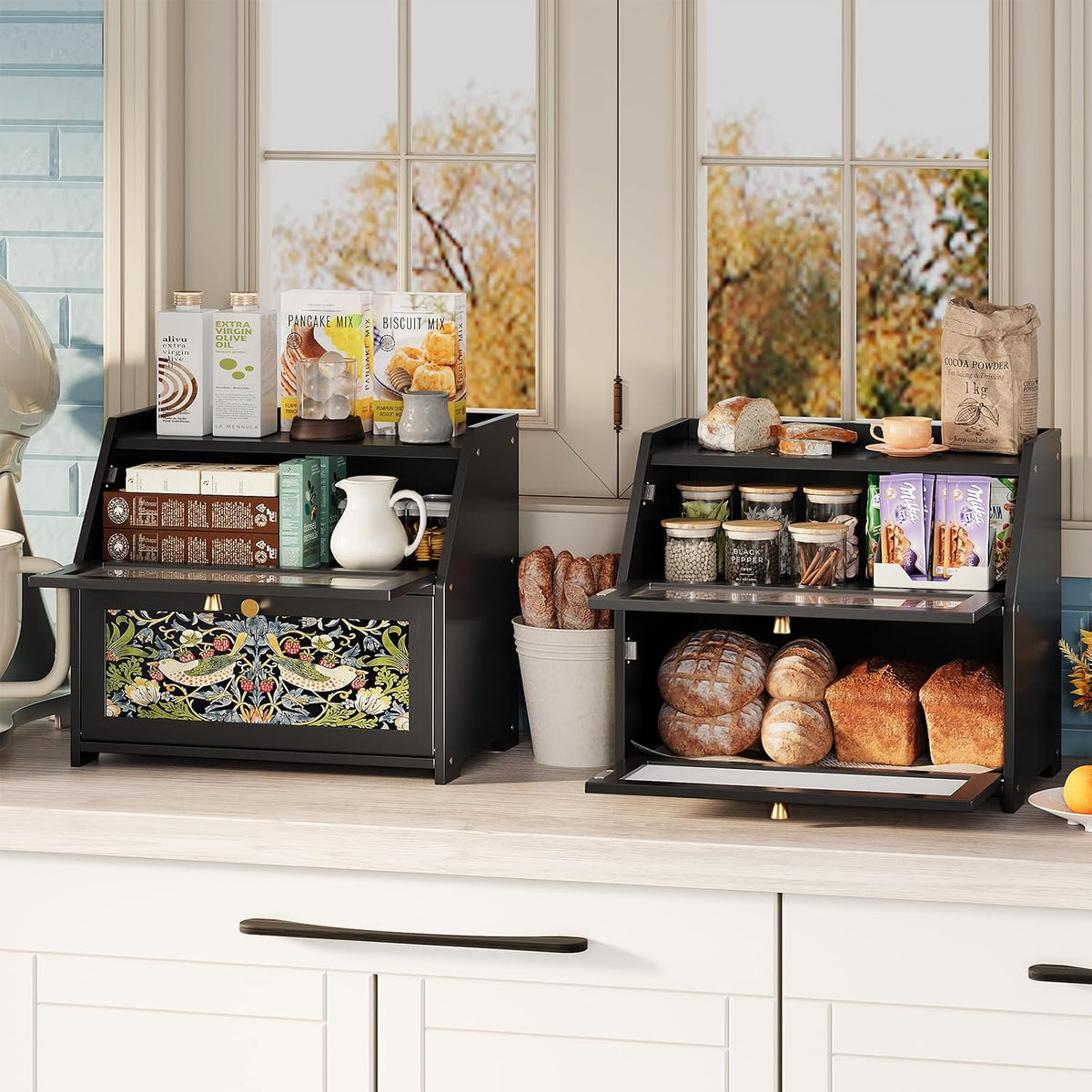 Trironsun Bamboo Bread Box for Kitchen Counter Black Bread Storage Container with Acrylic Door William Morris Flower