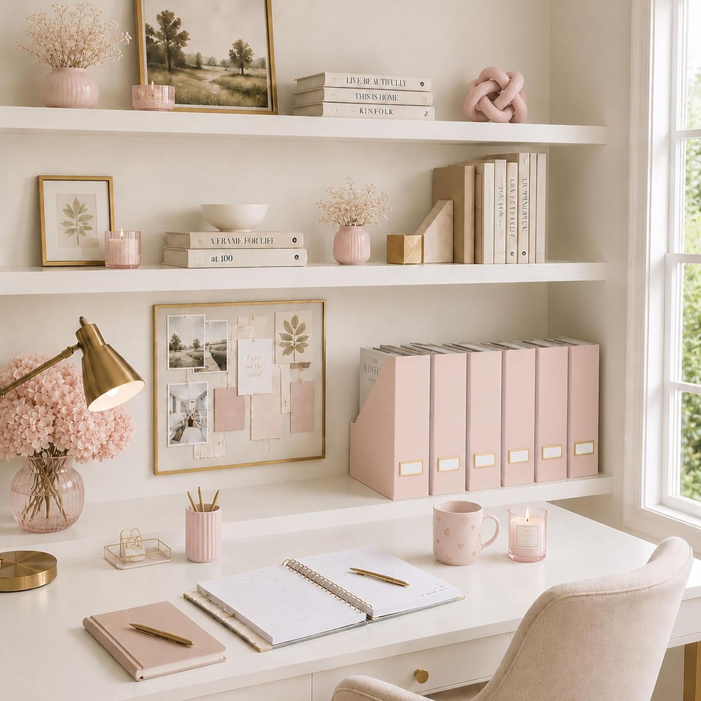 BLU MONACO | Cardboard Magazine File Holder Set of 6 Pink | Vertical Magazine File Holder with Gold Label Slots