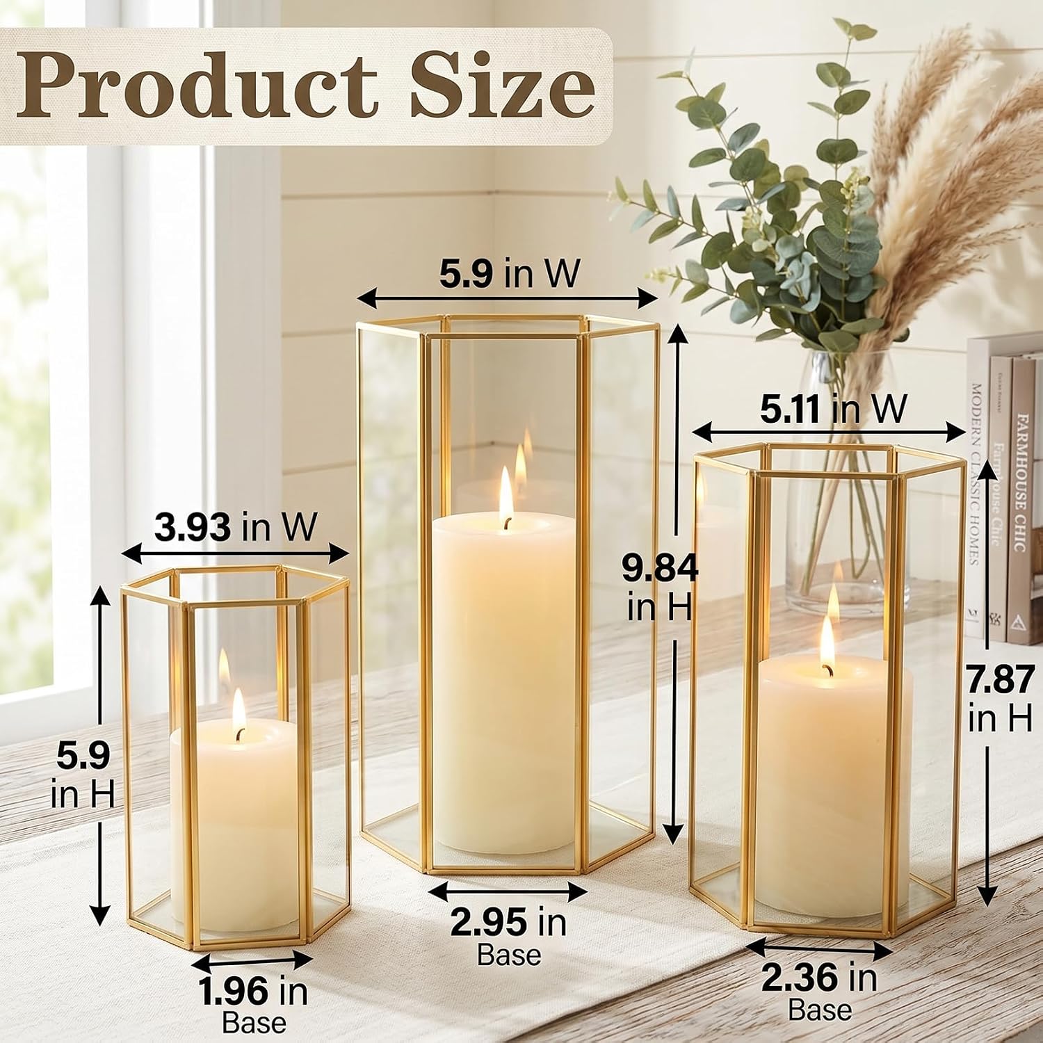 Gold Glass Hurricane Candle Holder Set of 3 Large Clear Hexagon Lanterns | Pillar Candle Lantern with Gold Metal Frame