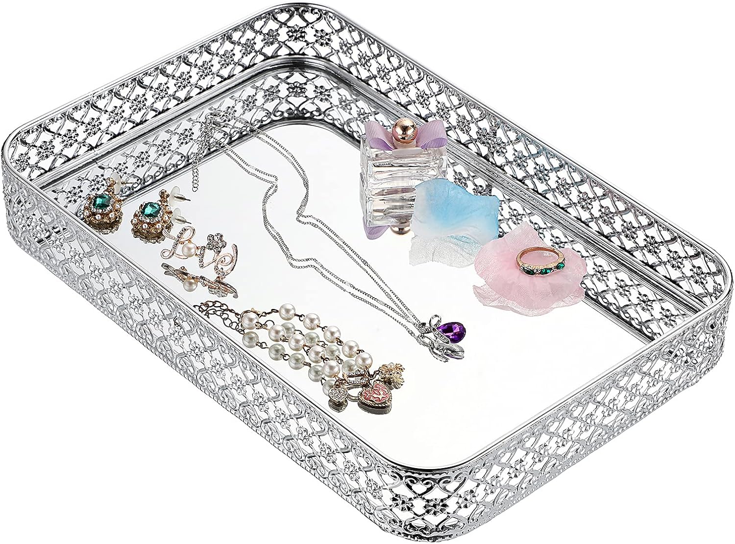 Perfume Mirror Tray Vanity Makeup Hollow-Carved Jewelry Organizer Glass / Silver / 11.8 x 7.9 x 2