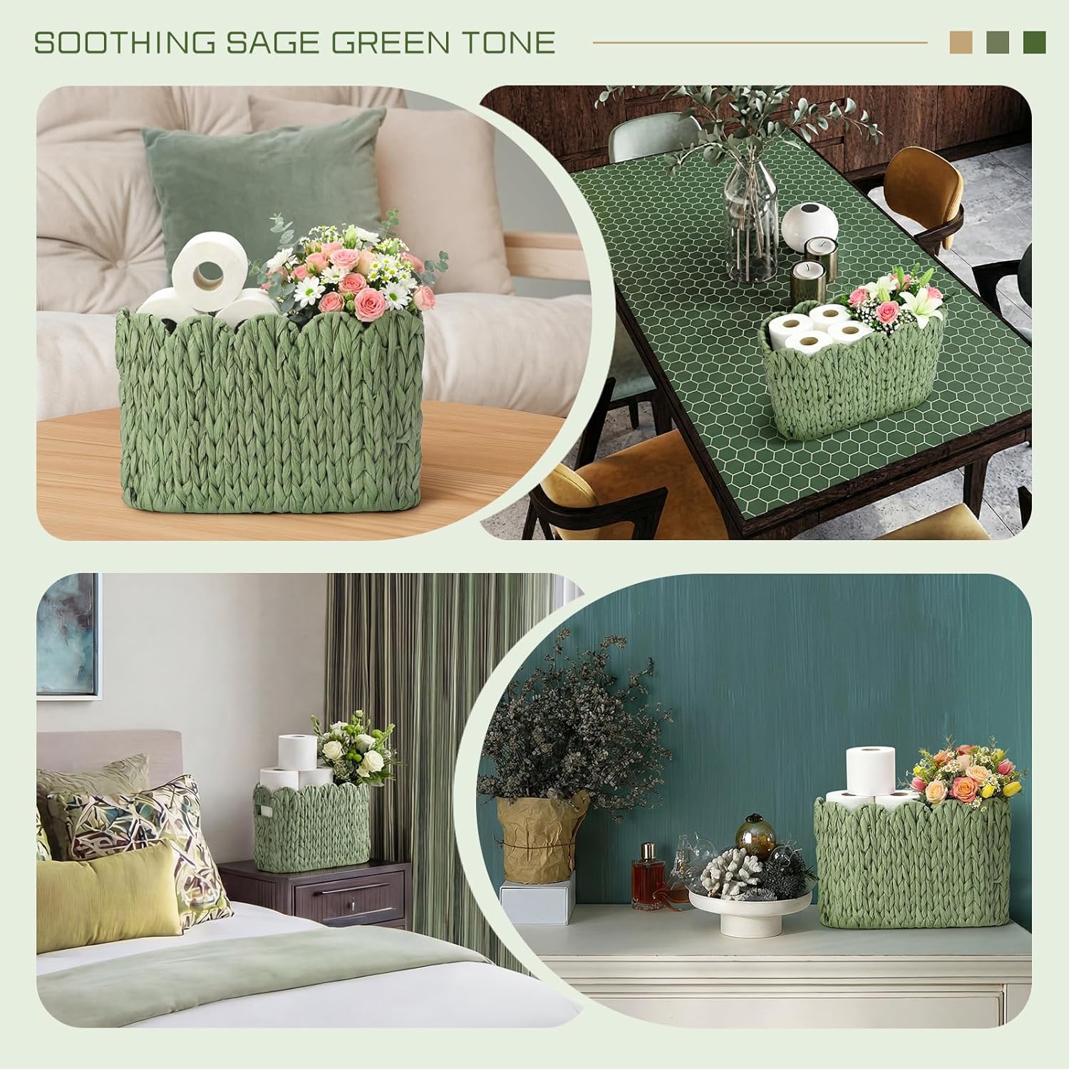 Toilet Paper Storage Basket Scalloped Woven Bathroom Basket / Sage Green / Scalloped Style / Wicker