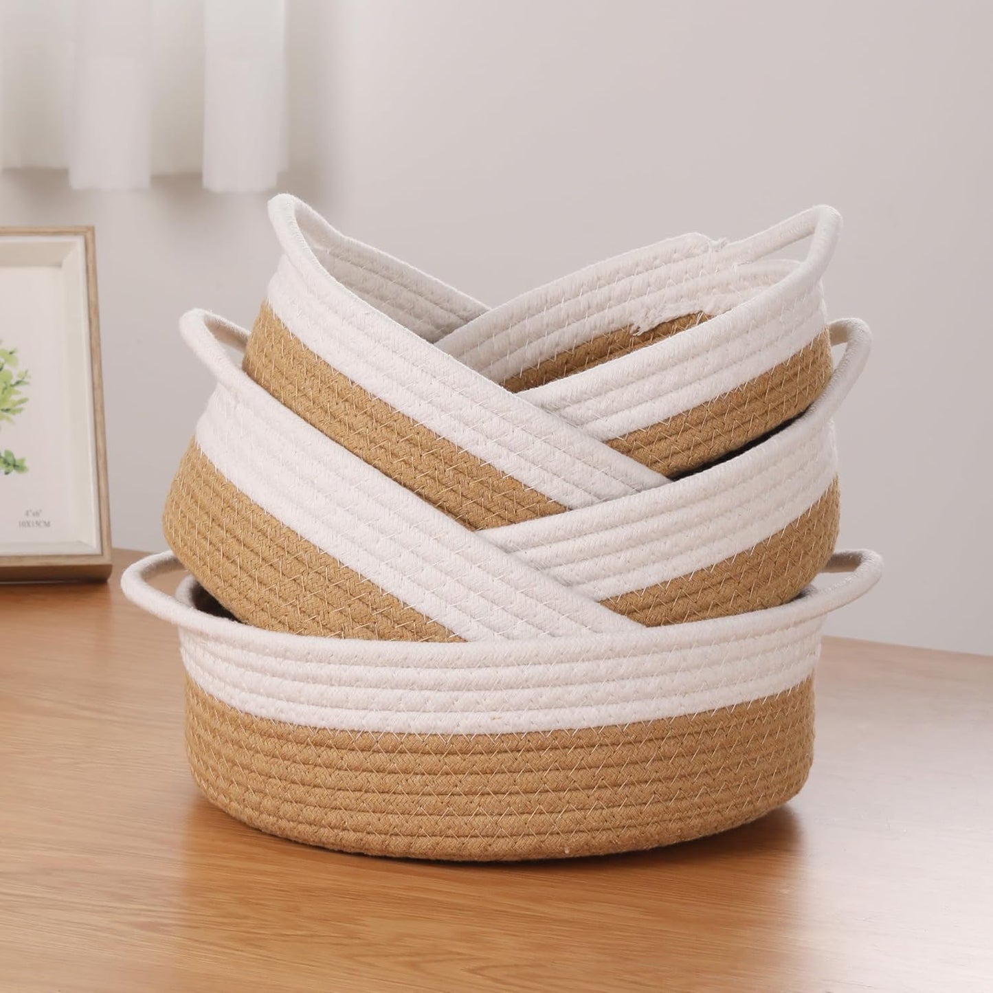 Small Storage Woven Baskets Shelves Natural Cotton Rope Bins / White & Jute