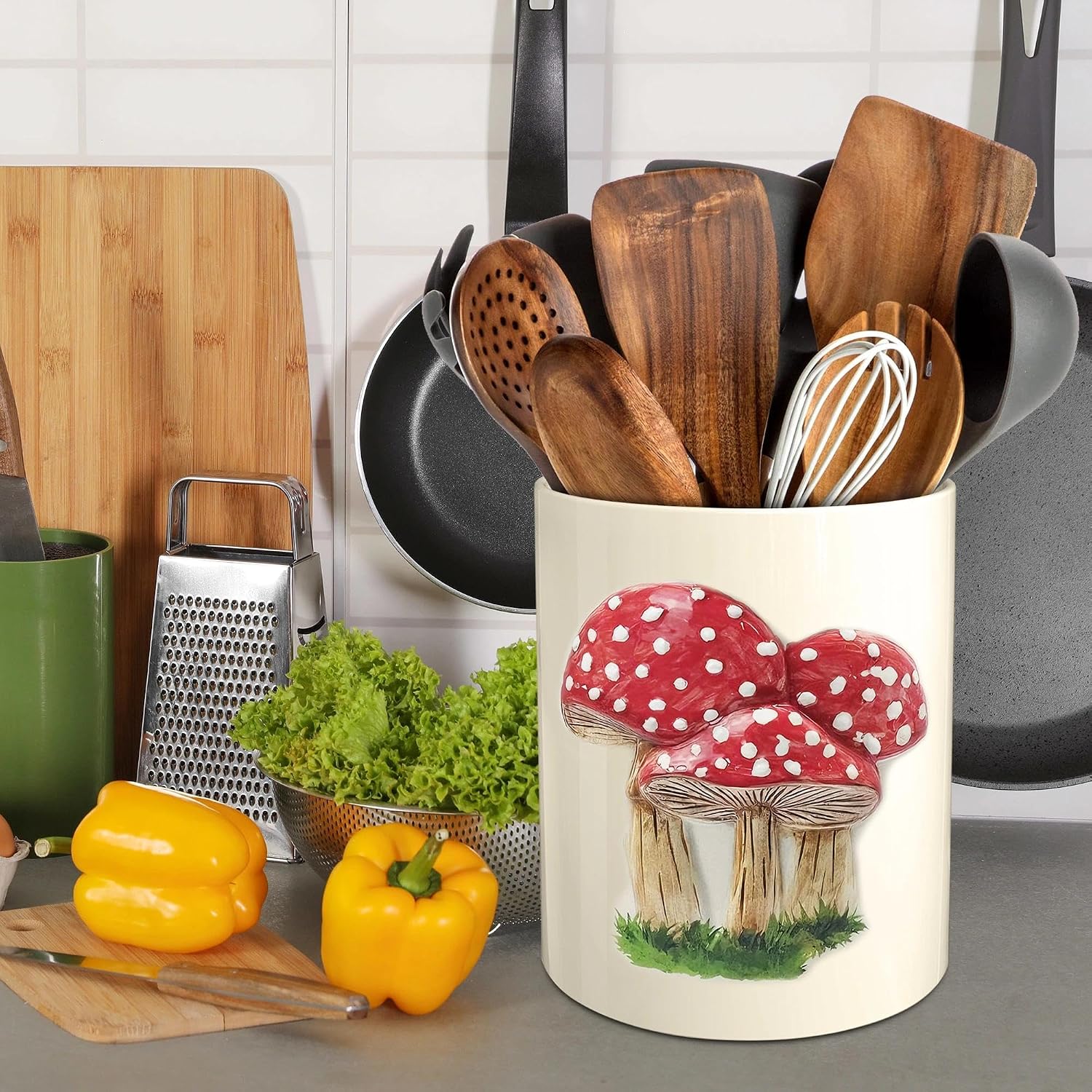 Mushroom Kitchen Decor Embossed Ceramic Utensil Holder for Farmhouse Indoor