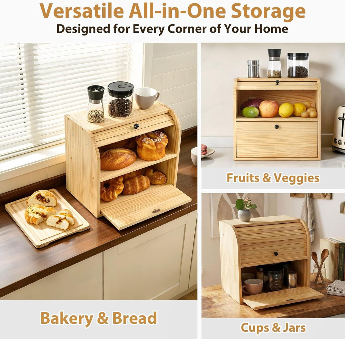 Sunhoo Wooden Bread Box for Kitchen Countertop, Roll Top Breadbox, Natural | Large Double Layer Pantry Container, Solid
