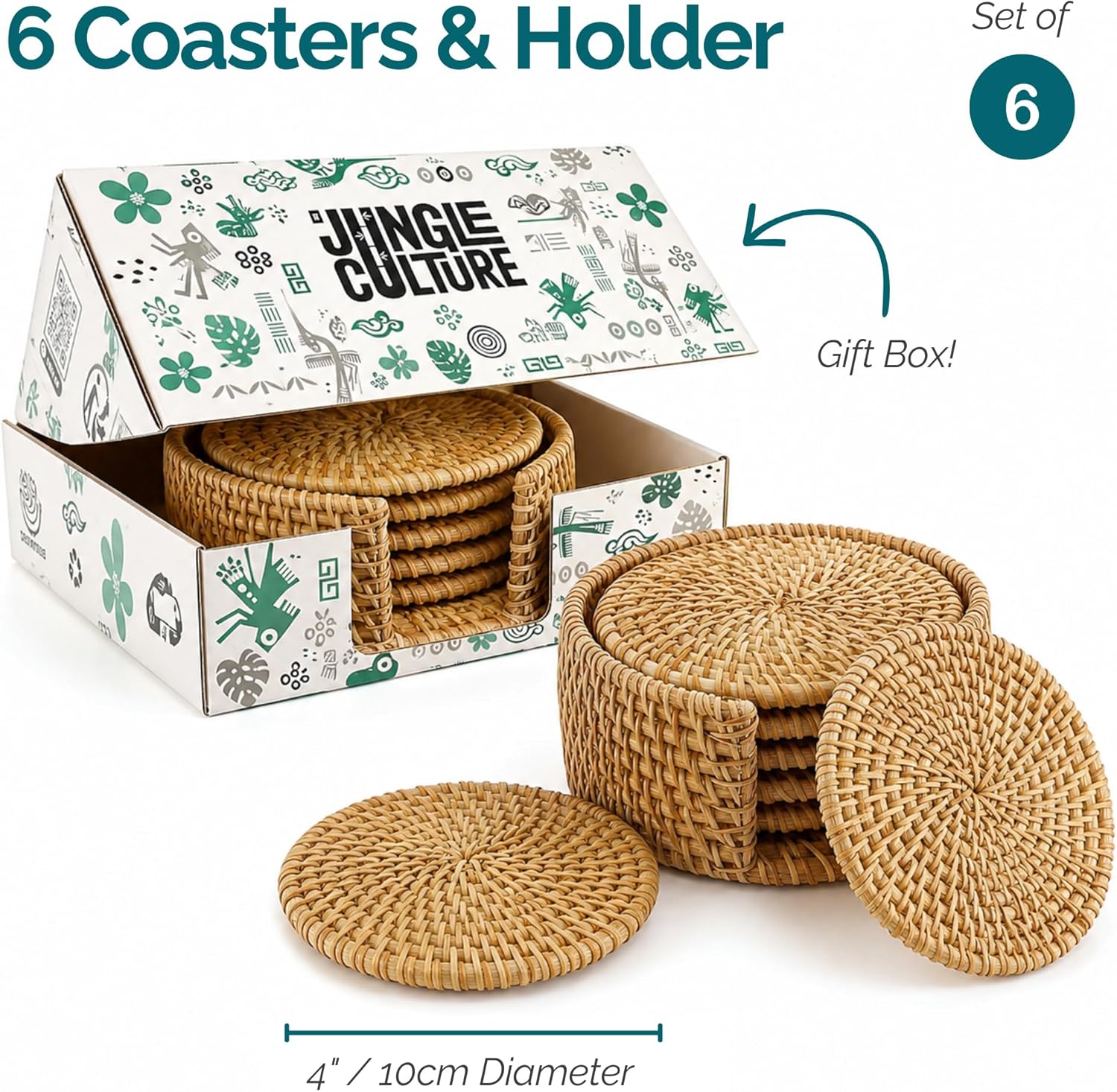 Handmade Rattan Coasters for Drinks & Holder • Natural Round Woven / Natural Honey / Set of 6