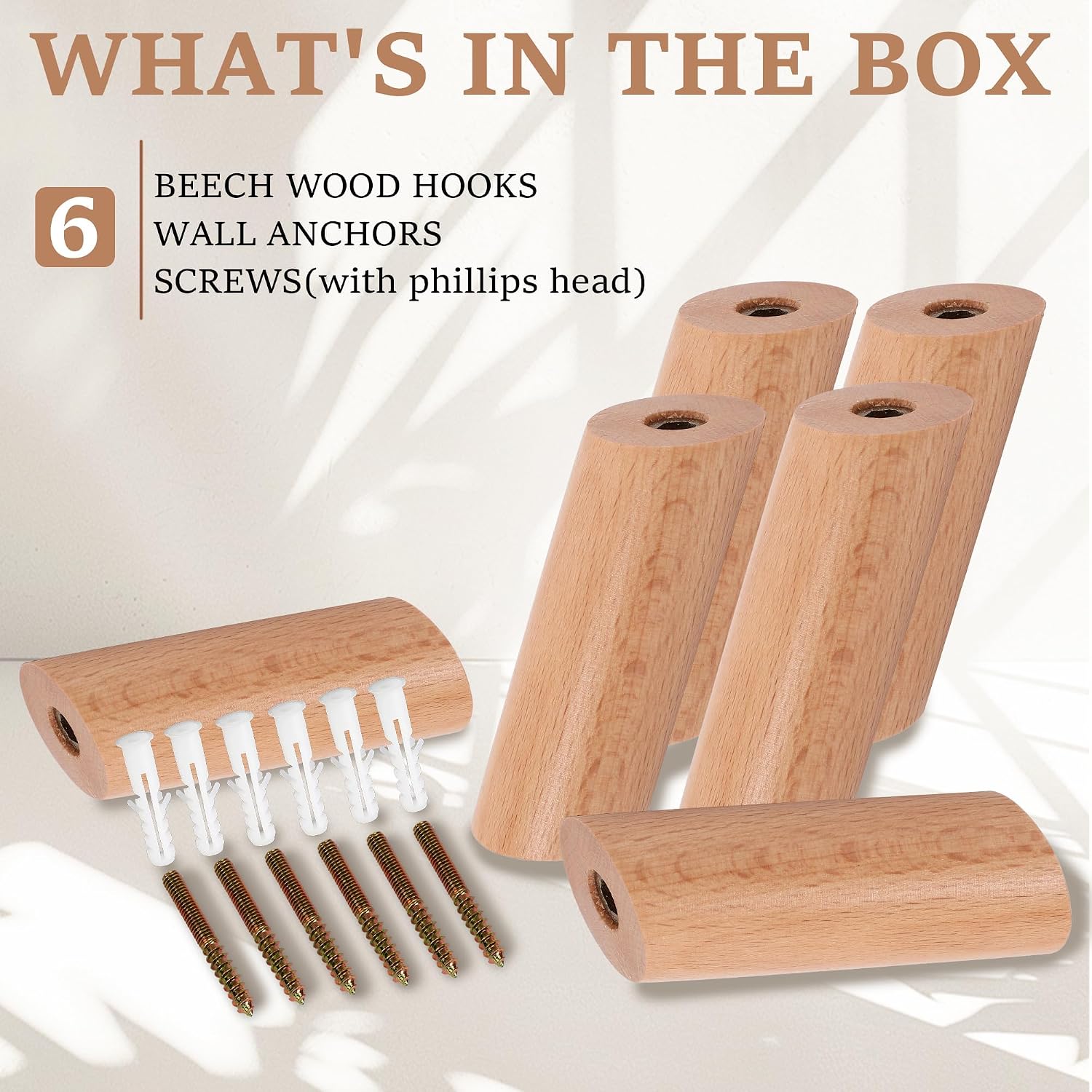 6 Wood Hooks / Beech Wood / Natural / Set of 6