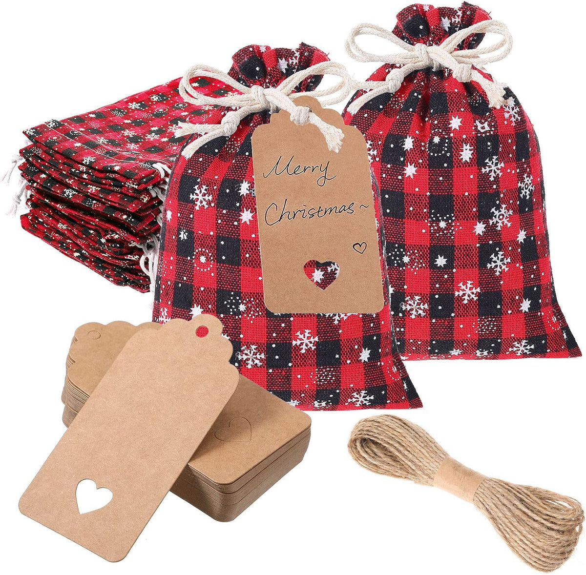 Shappy 24 Pcs Christmas Drawstring Gift Bags Xmas Buffalo Plaid Burlap Advent Bags 5.5 x 4 Inches Linen Treat Candy Bag with 32.8 ft Rope 24 Card(Black Red Snowflake)