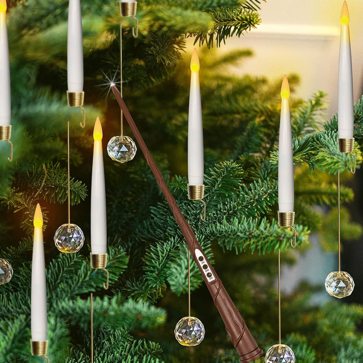 Leejec 10-Pack Christmas Tree Candles, Wand Remote, Crystal Ball Hooks