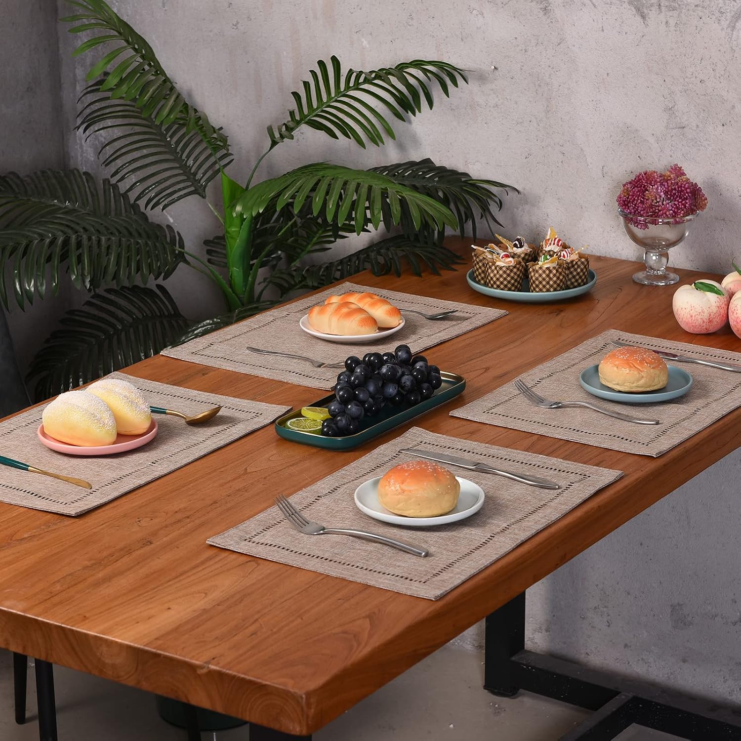 Tosewever Set of 6 Decorative Linen Placemats 12 x 18 Inches, Farmhouse Style Table Mats for Everyday Dining Wedding