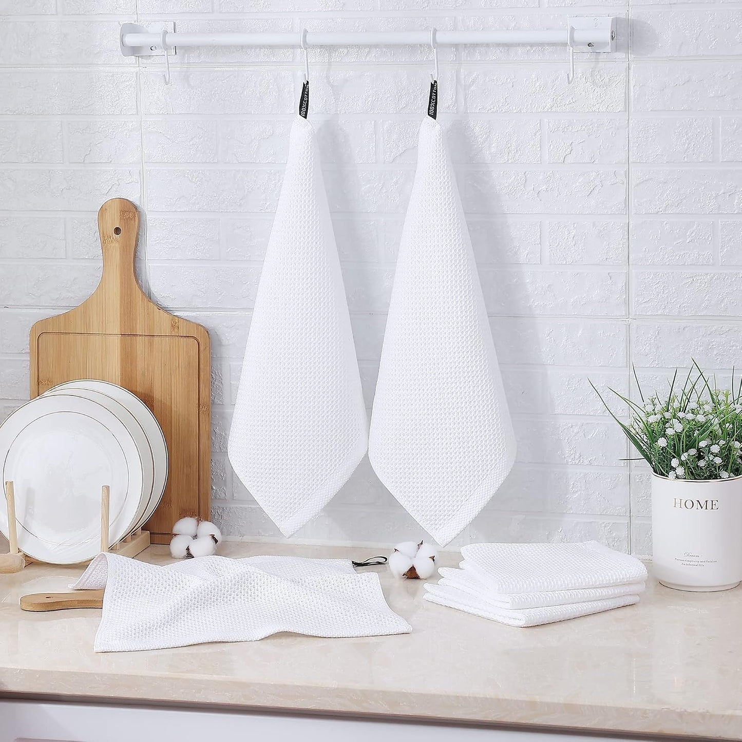 Kitinjoy 100% Cotton Waffle 12-Pack Kitchen Towels, 12" x 12", White | Ultra Absorbent, Super Soft, lightweight, Quick