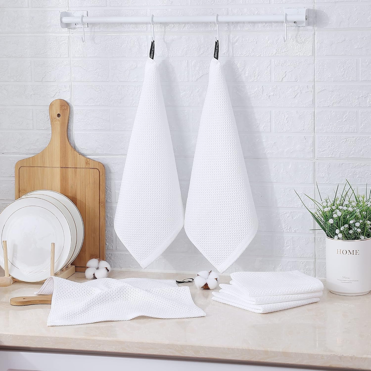 Kitinjoy 100% Cotton Waffle 8-Pack Kitchen Towels, 12" x 12", White | Ultra Absorbent, Super Soft, lightweight, Quick