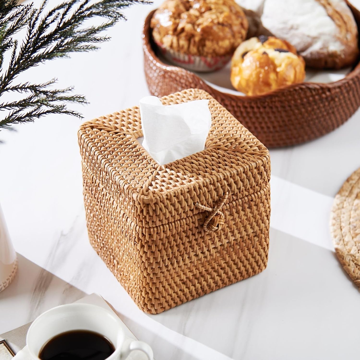 Rattan Square Tissue Box Cover / Natural / 5.7 x 5.7 x 5 / Set of 2