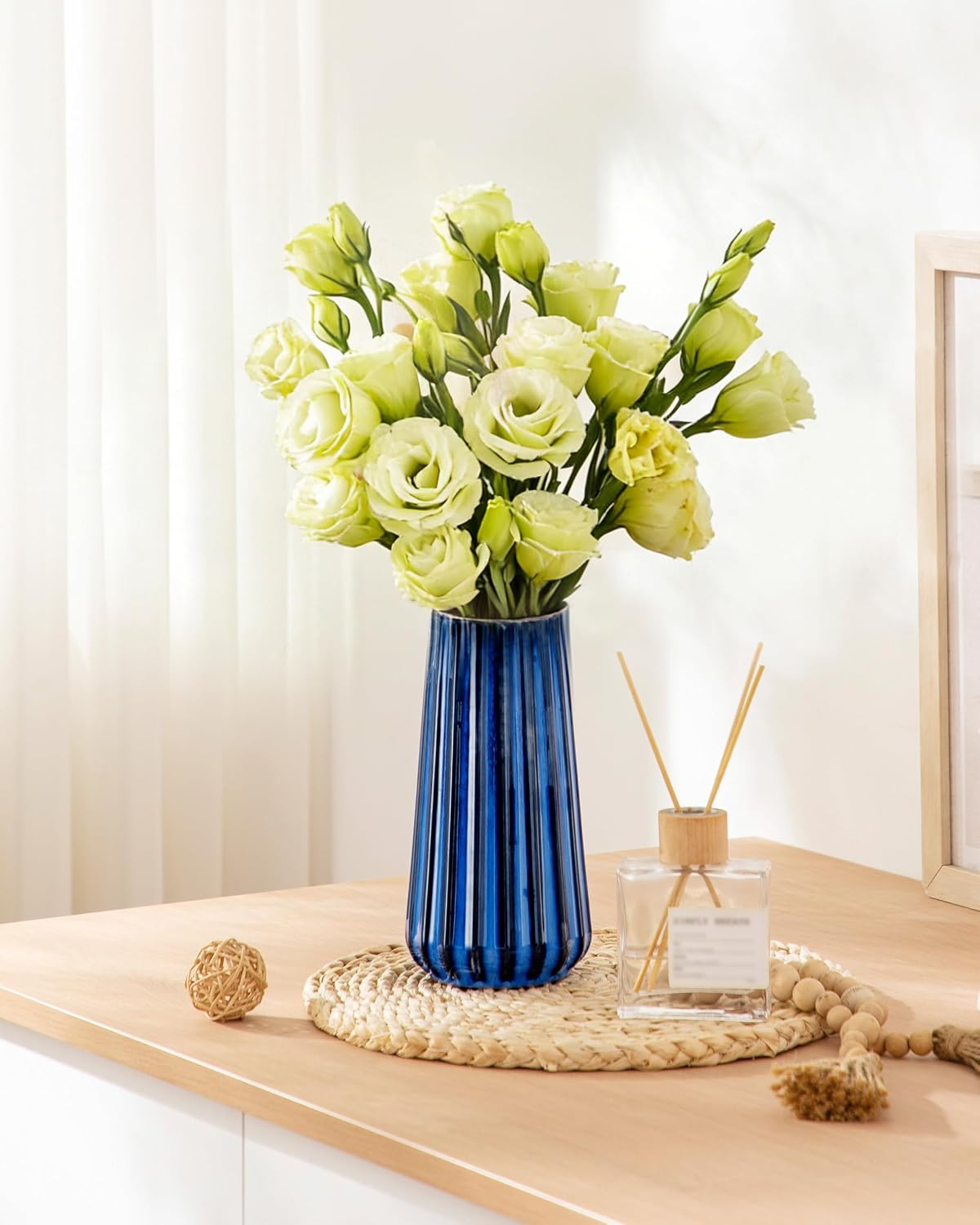 Ceramic Vase / Modern Ribbed Glossy Decorative Vase / Blue / 7.8 Inch