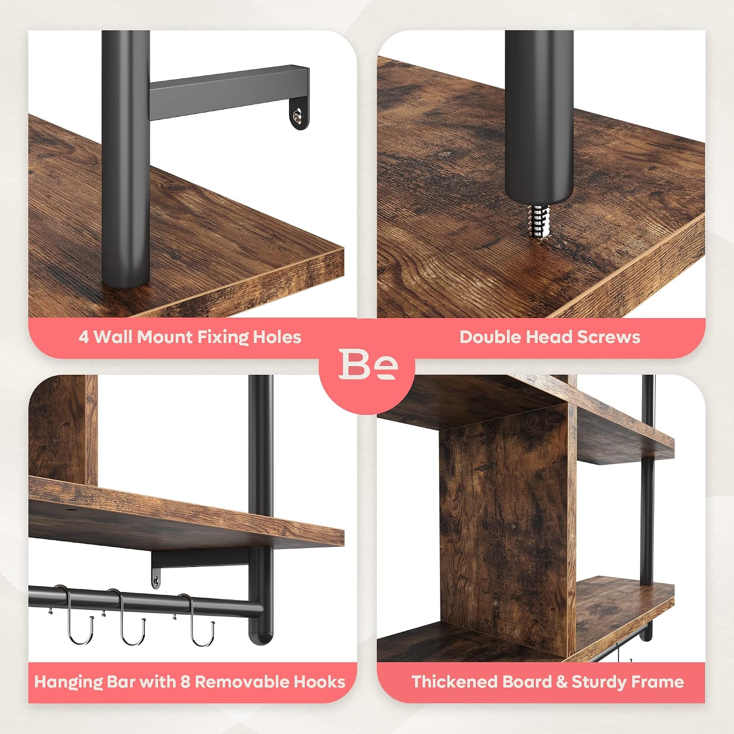 Bestier 41.5" Floating Shelves for Wall 3 Tier Kitchen Shelves Wall Mounted Coffee Bar Shelf Hanging Shelf with 8