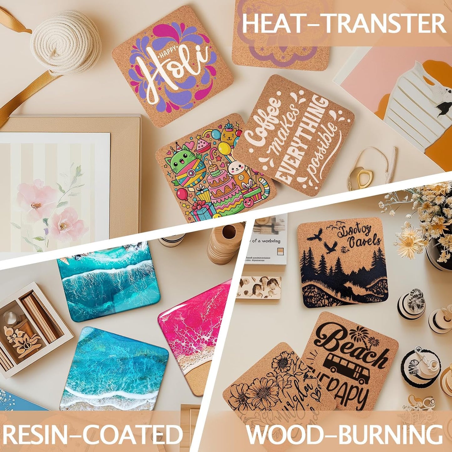 Cork Coasters for Laser Engraving / Square / Set of 160