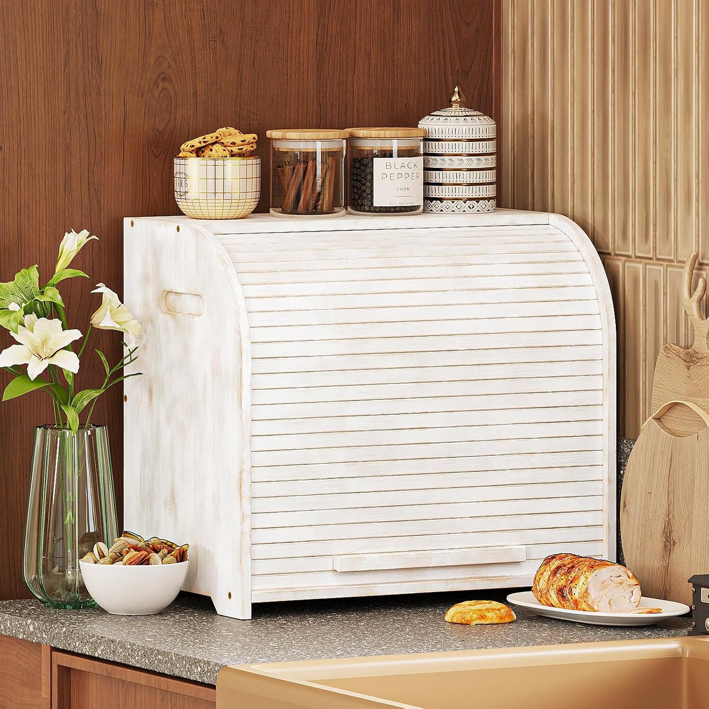 Trironsun Bamboo Roll Top Bread Box for Kitchen Countertop Large Capacity Bread Storage Bin 2 Layer Wooden Bread