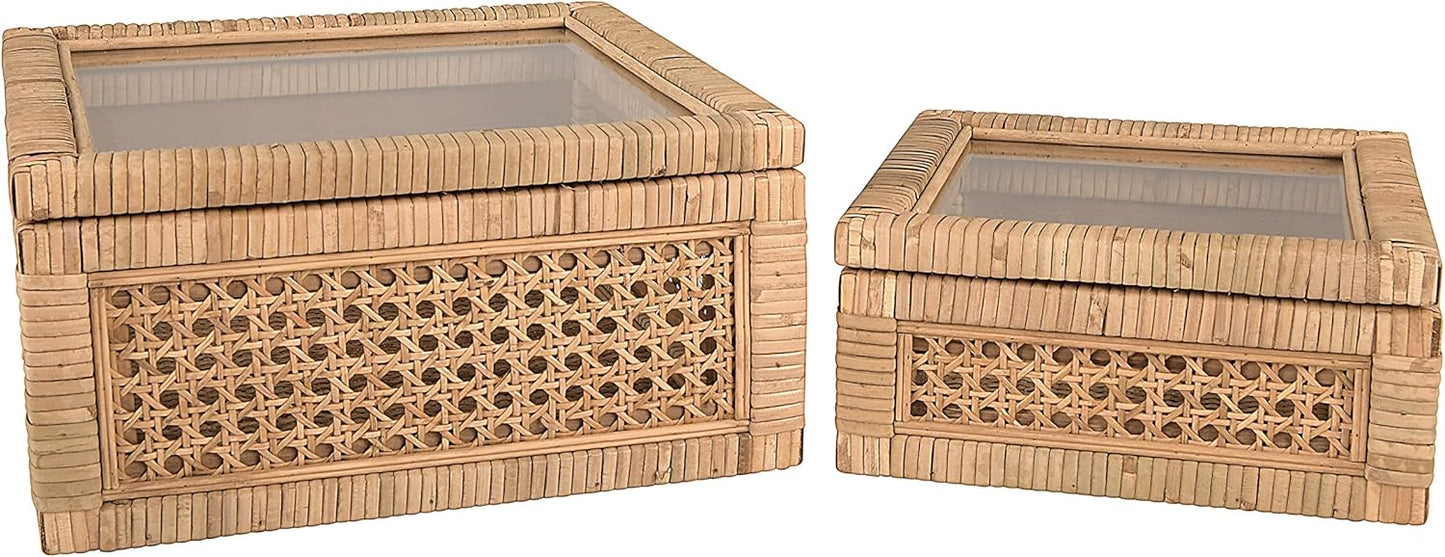 Modern Decorative Woven Rattan and Wood Display Boxes / Natural / Square / Set of 2