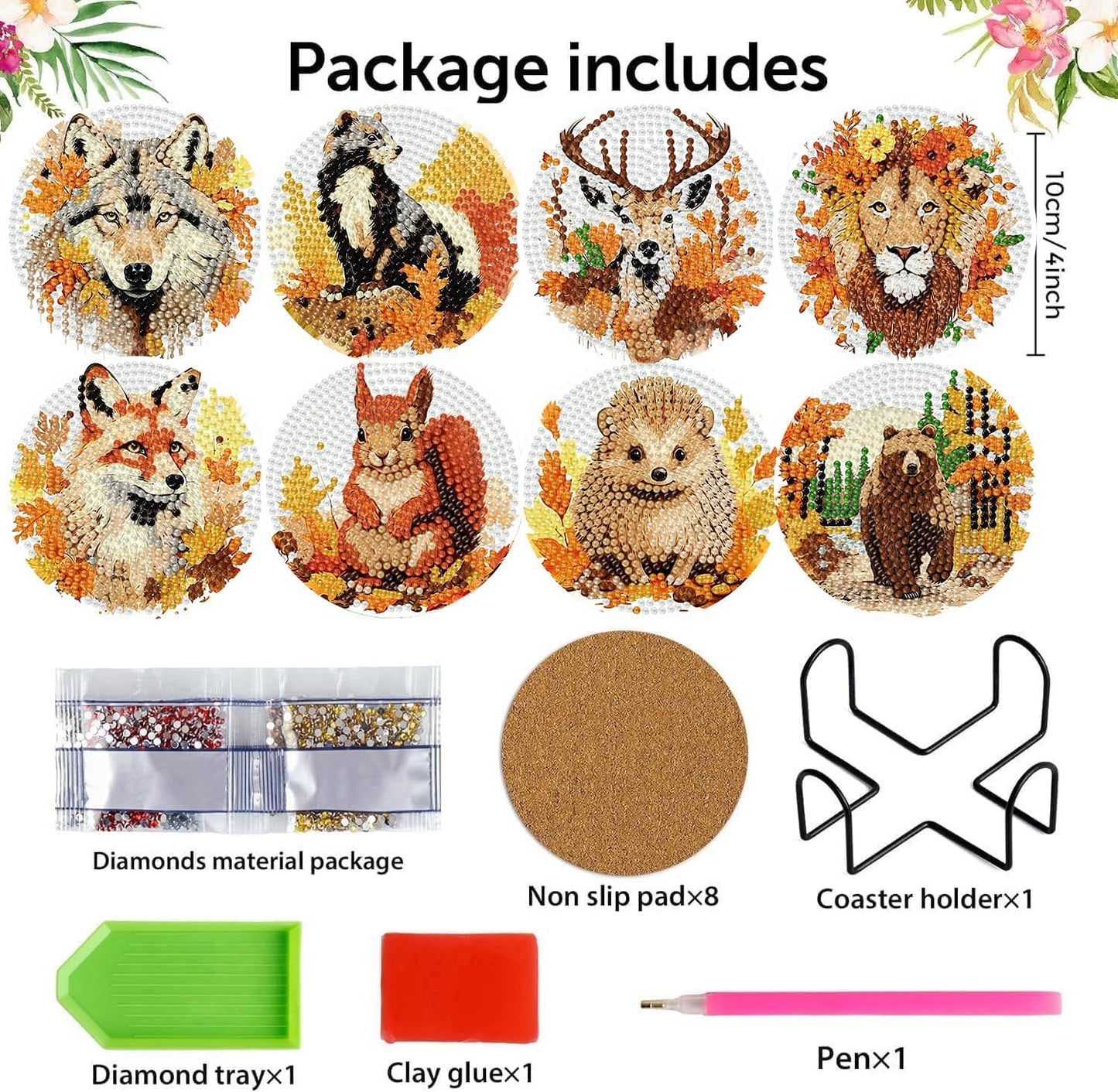 Holder Cork / Diamond Painting Coasters / Fall Animals / Set of 8
