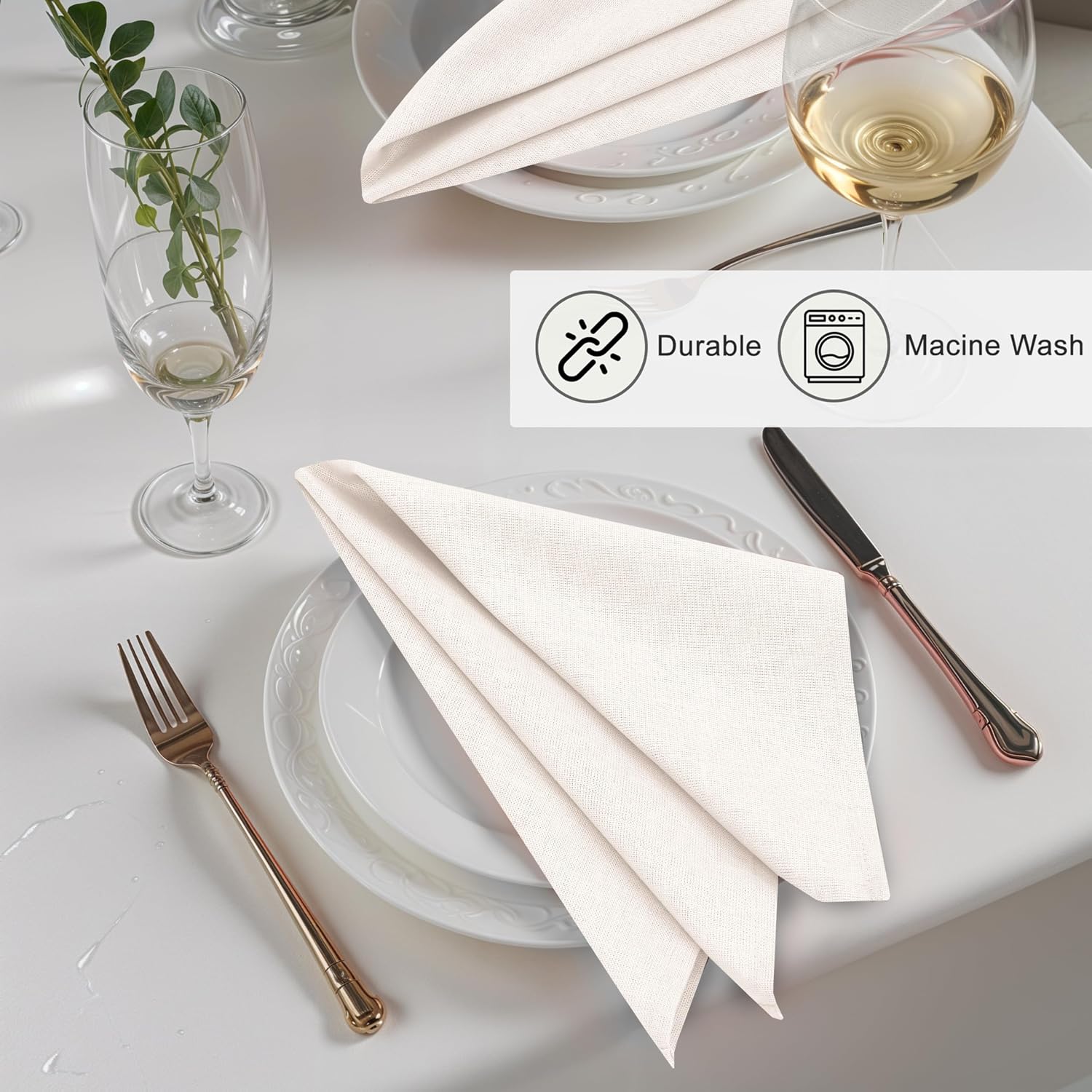 Ruvanti Linen Napkins Set of 12, Linen Cotton Blend 18”x18” - Ivory | Washable Cloth Napkins, Soft, Absorbent Everyday