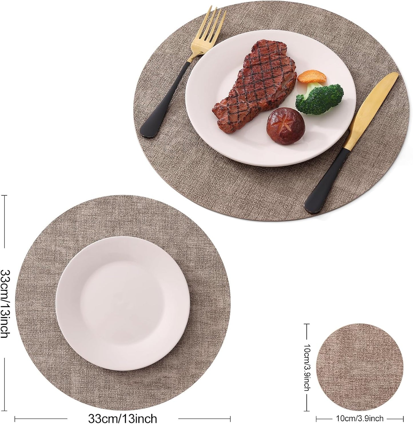 Homaxy Round Faux Leather Placemats and Coasters, Set of 4, Light Brown | Washable Dual-side Table Mats, Wipeable Place